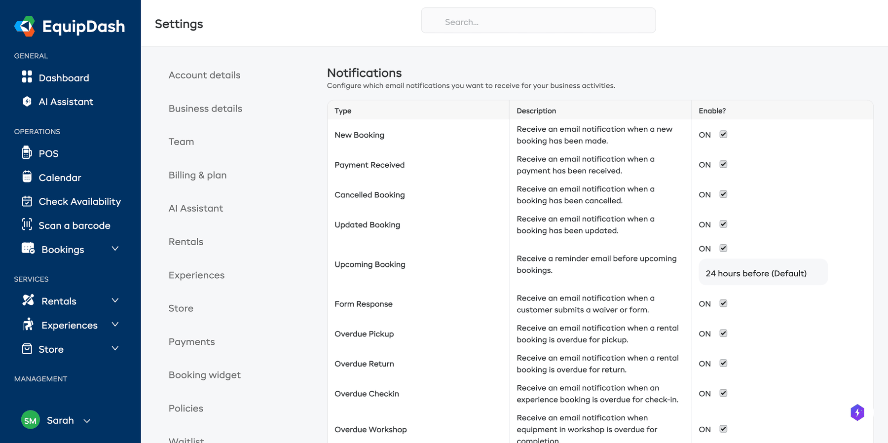 The Notifications settings page with a list of notification types and toggle switches