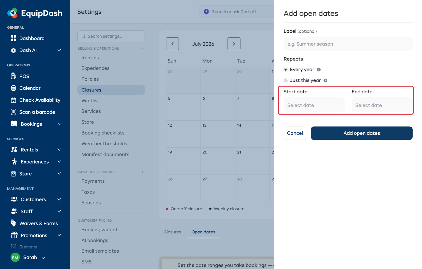 The Add open dates panel with the Label, Repeats, Start date, and End date fields