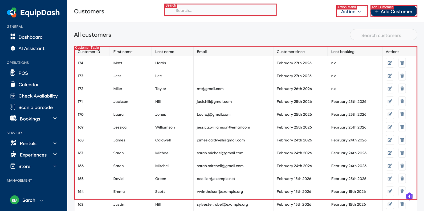 The Customers page showing the customer table, Action dropdown, Add Customer button, and search bar