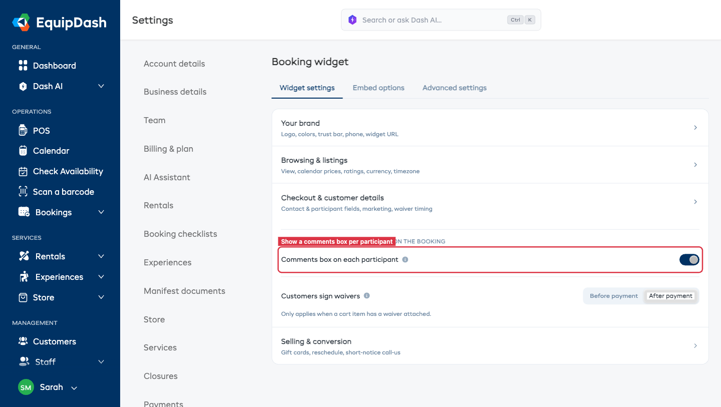 Participant Comments toggle in the Checkout & customer details section