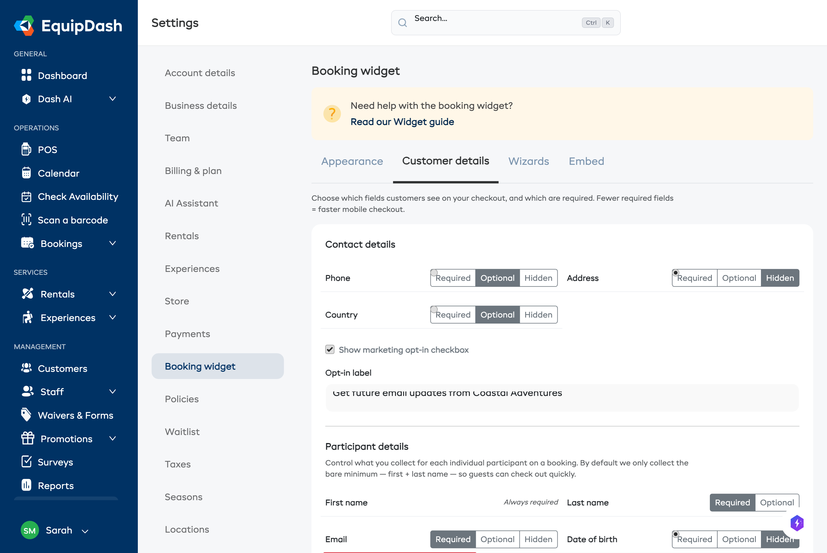 Participant Comments toggle on the Customer details tab