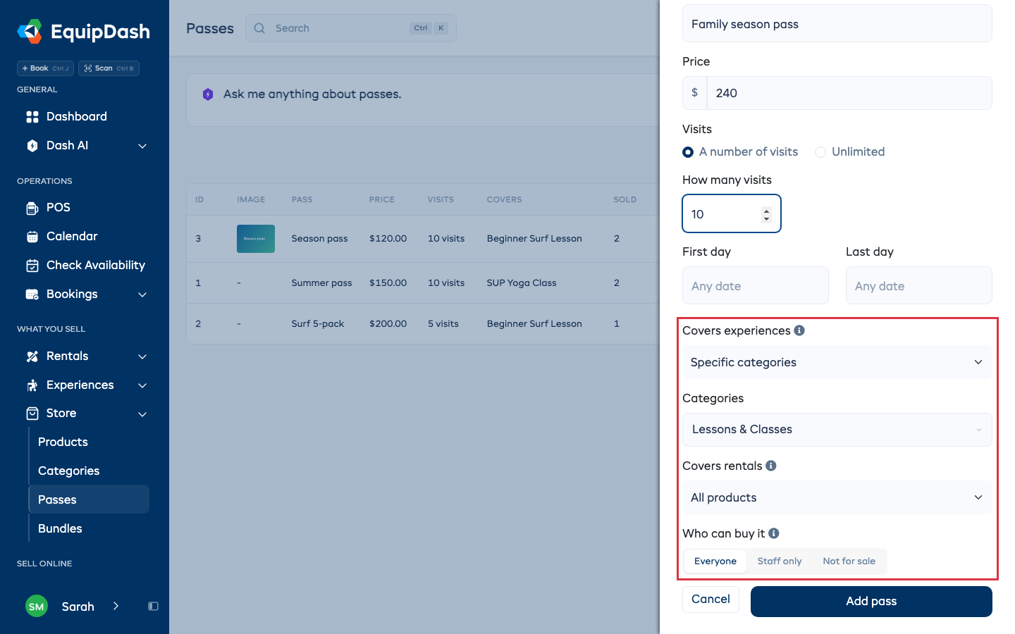 The Add pass drawer, with Covers experiences, Covers rentals and Who can buy it highlighted.