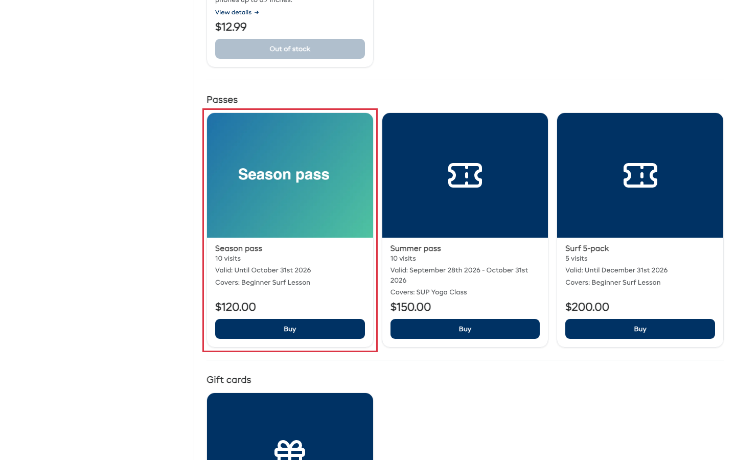 A pass with a photo on the booking page, with its Buy button.