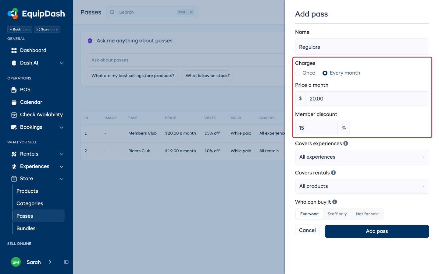 The Add pass drawer with Charges set to Every month, Price a month and Member discount highlighted.