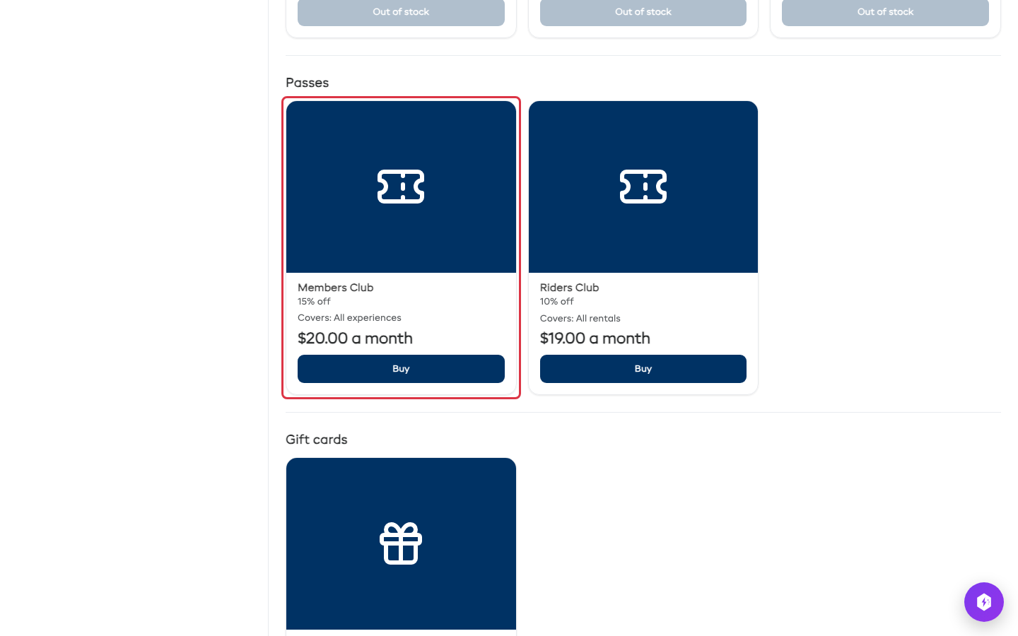 A membership card on the booking page, showing 15% off, what it covers, $20.00 a month and the Buy button.