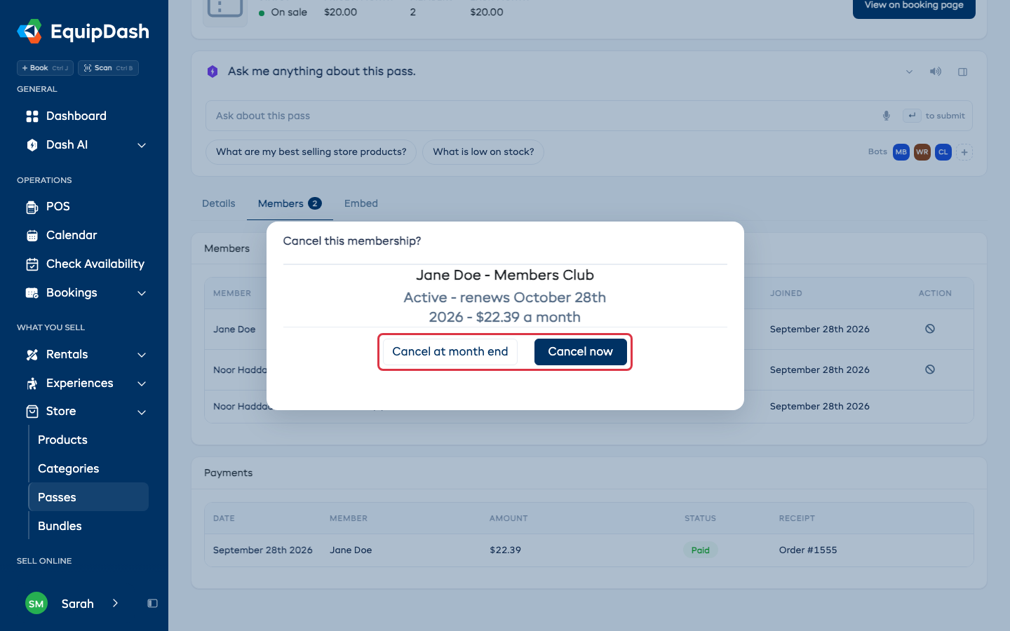 The Cancel this membership window with Cancel at month end and Cancel now.