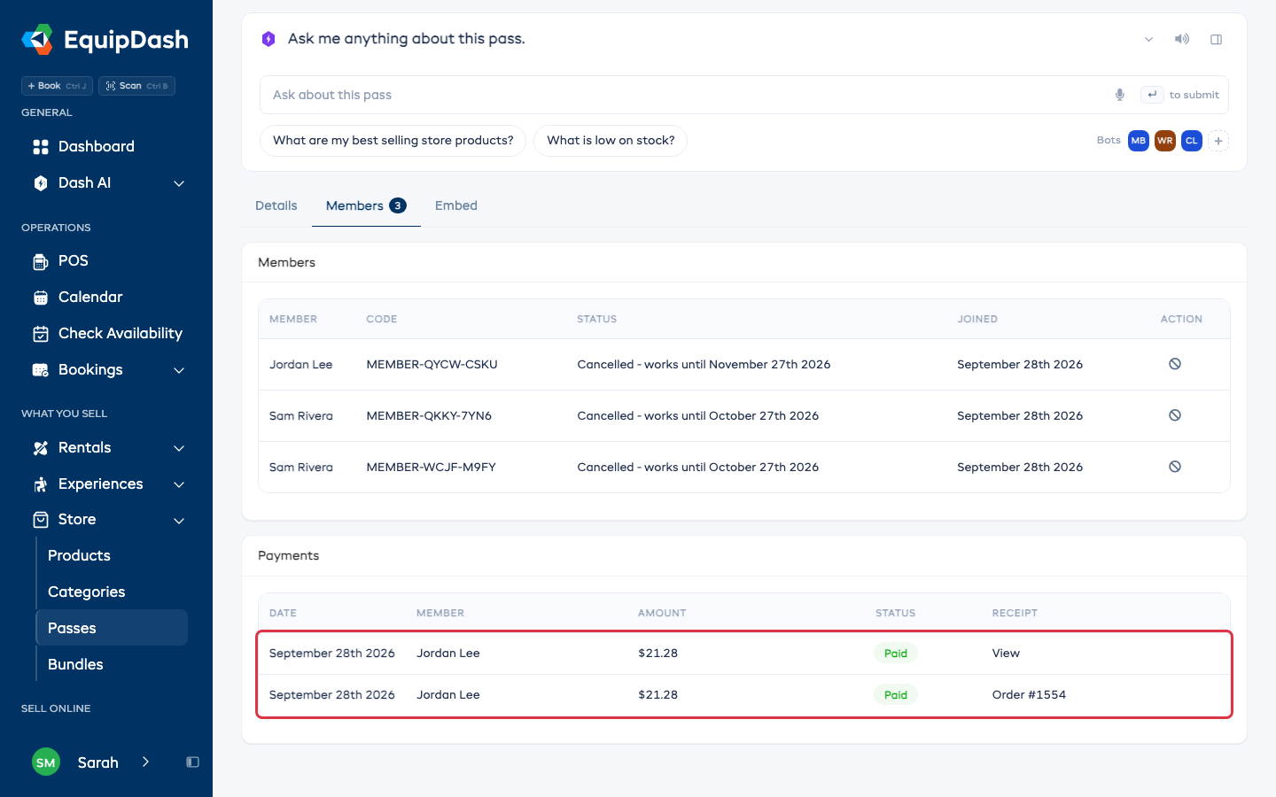The Payments list with the first month linked to its order and a monthly renewal with its receipt.