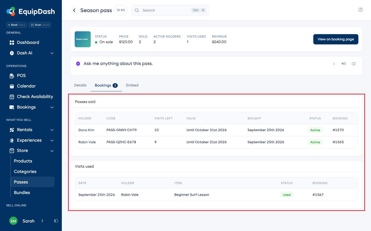 The Bookings tab, with Passes sold and Visits used highlighted