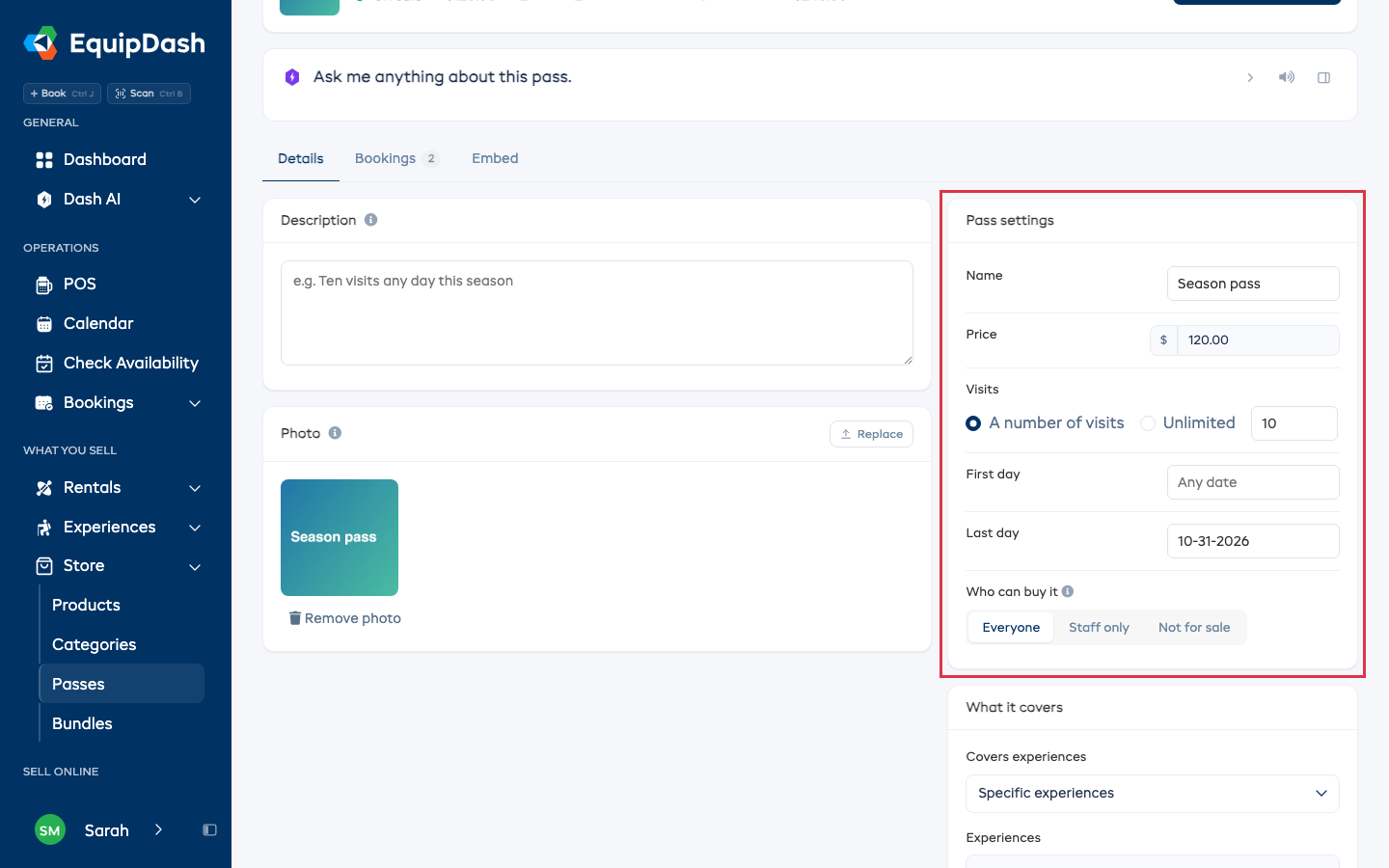 The Details tab, with the Pass settings card highlighted