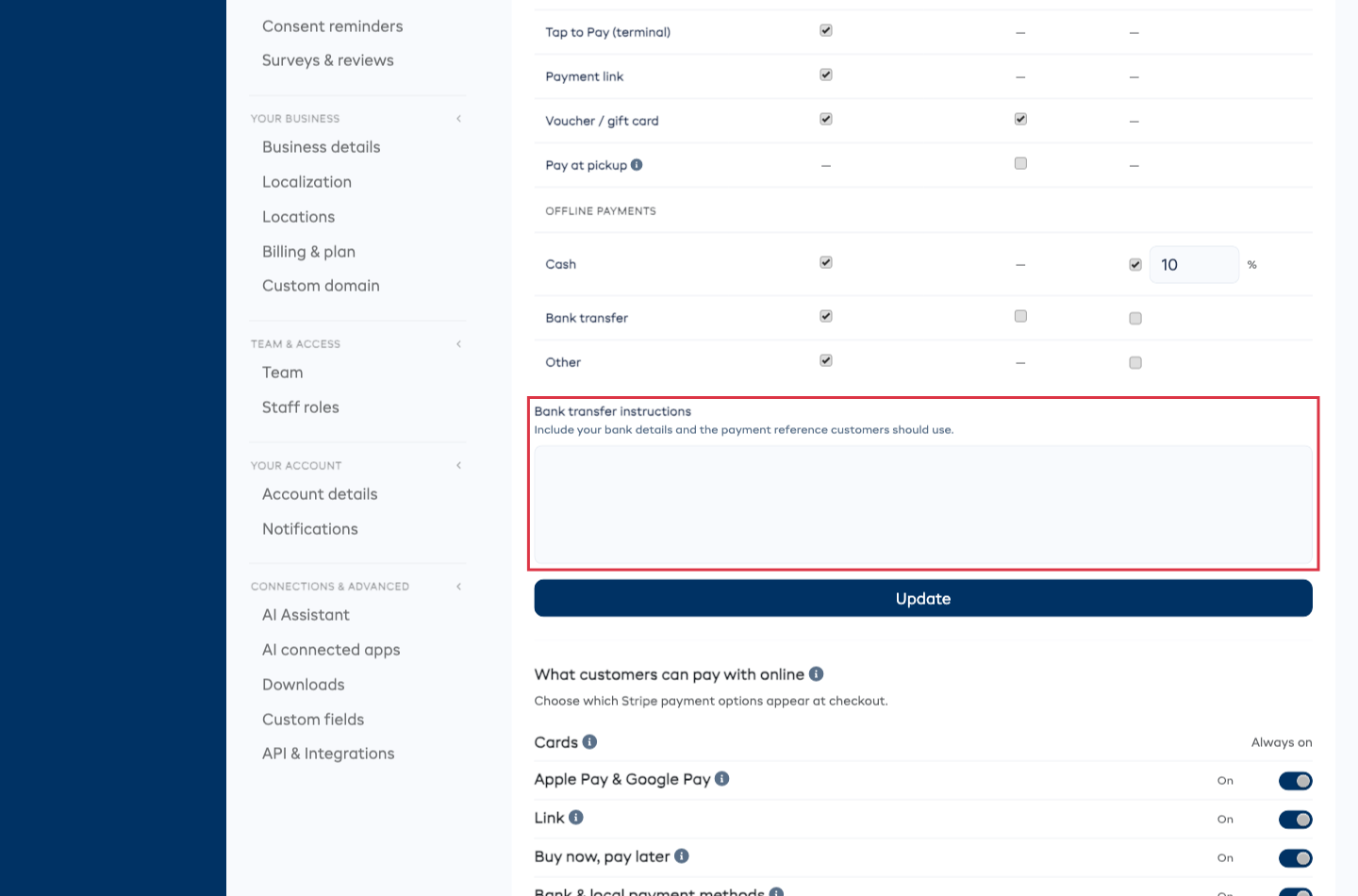 Bank transfer instructions below the payment methods table