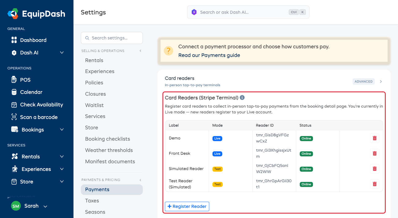 The Card Readers section, listing readers from both modes with Live and Test badges, plus the one-click simulated reader button
