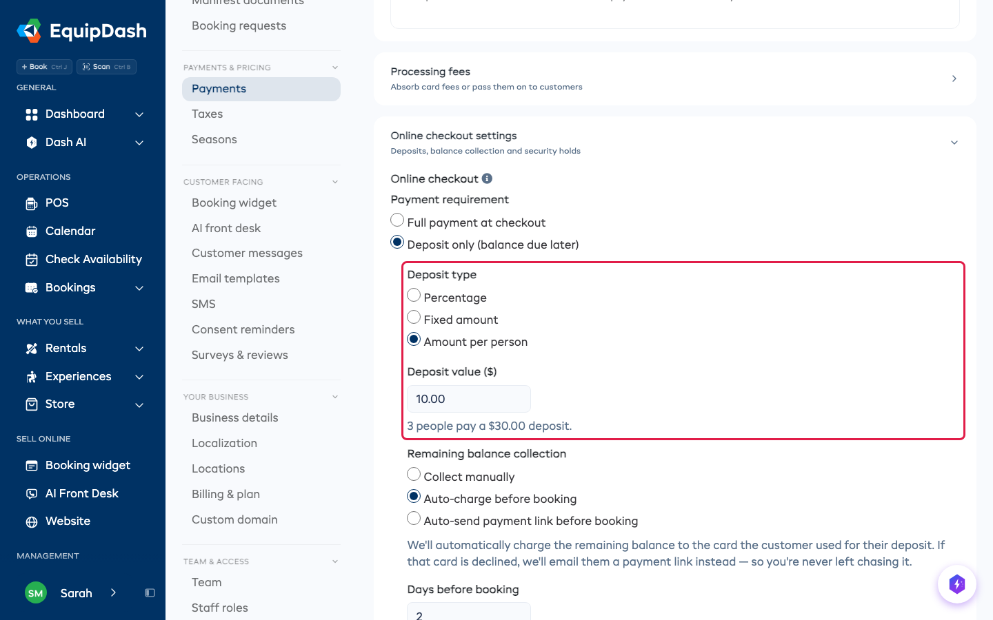 Deposit type on the Payments settings page, set to Amount per person, with what 3 people pay