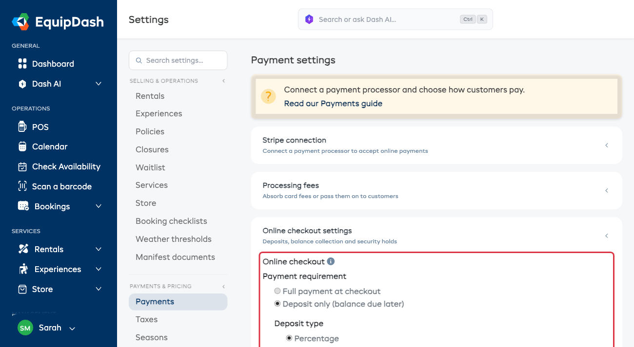 The Online checkout and Security deposits sections on the Payments settings page