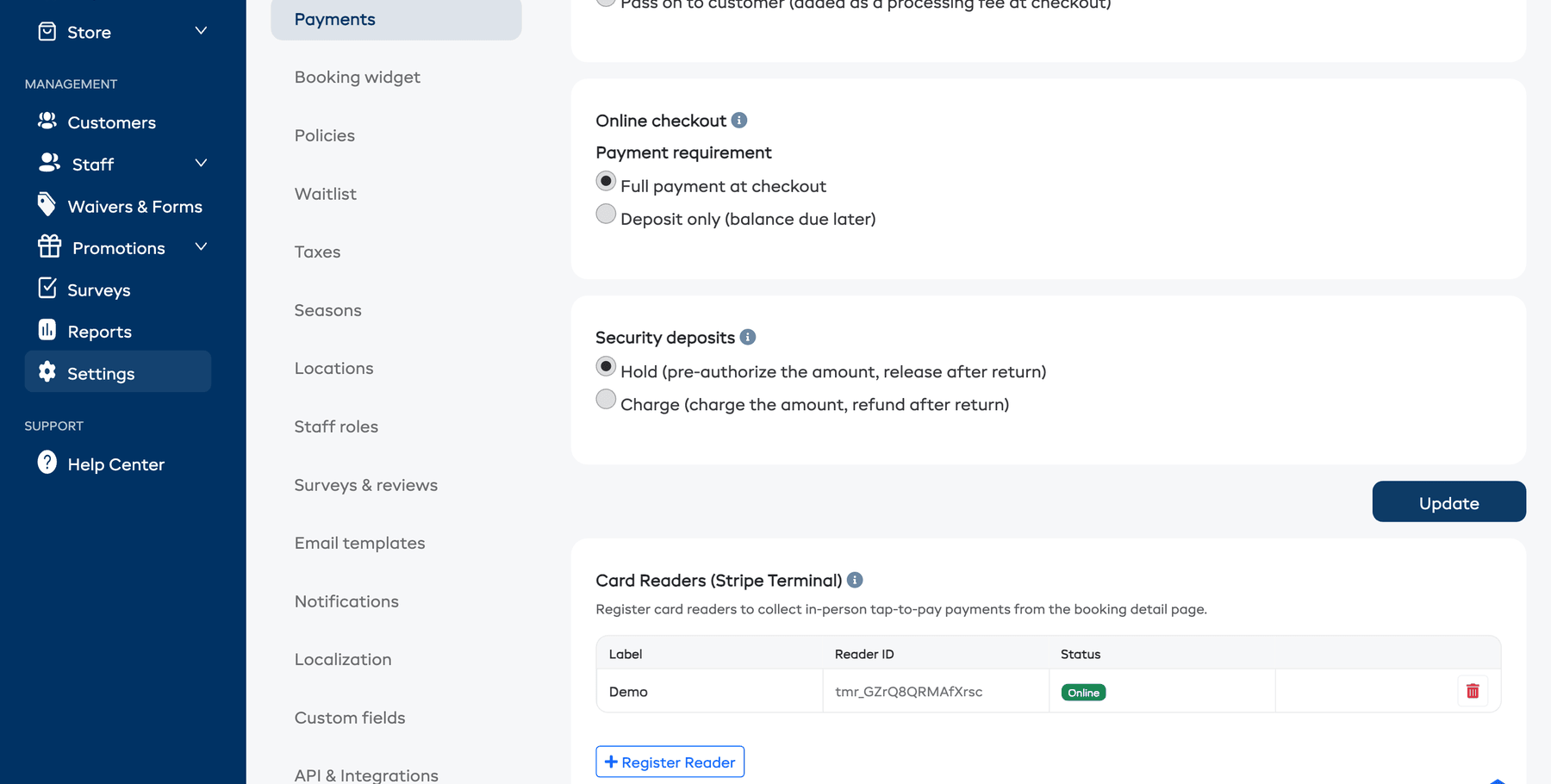 The Online checkout and Security deposits sections on the Payments settings page
