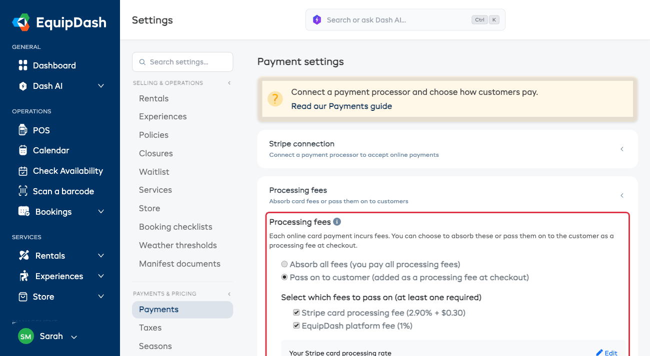 The Payments settings page showing the Stripe Connect status and Processing fees section