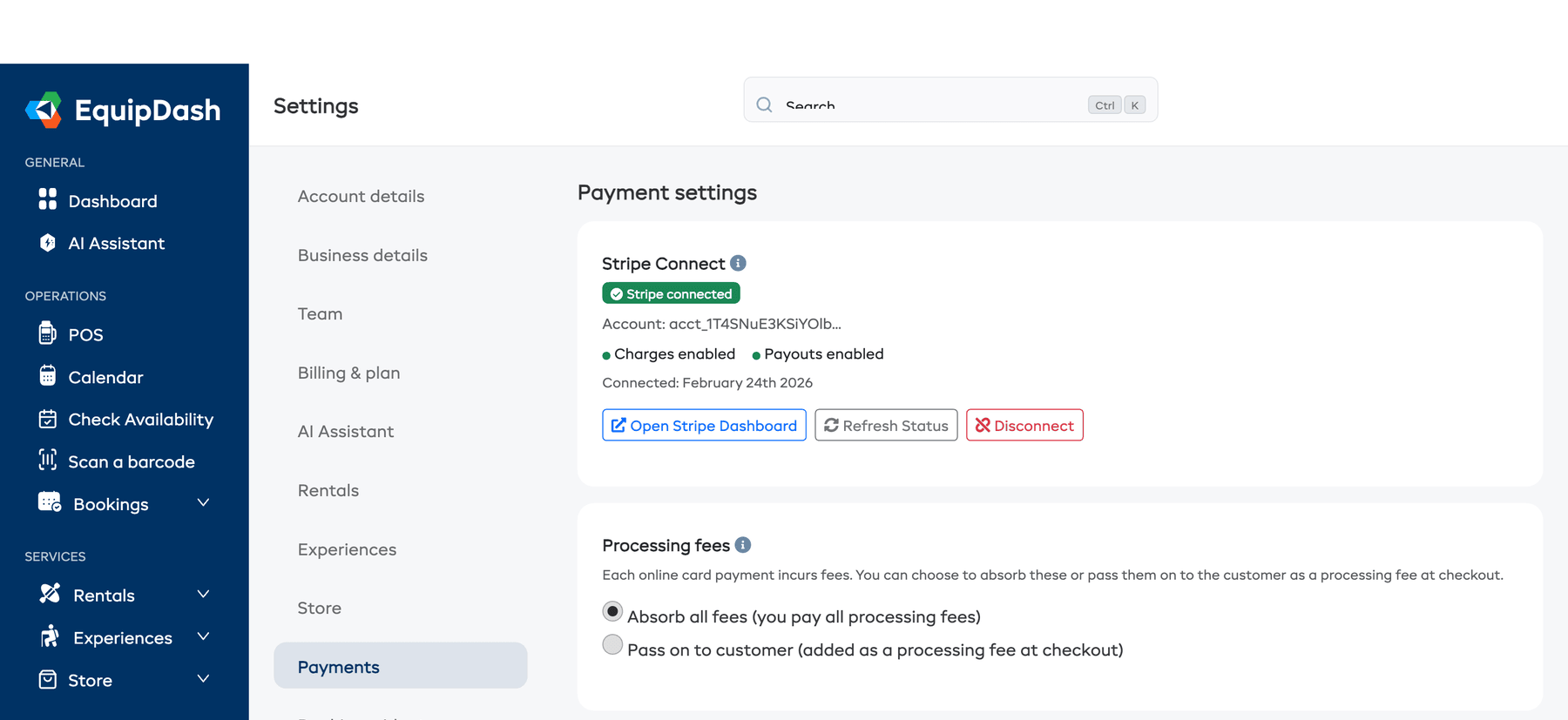 The Payments settings page showing the Stripe Connect status and Processing fees section