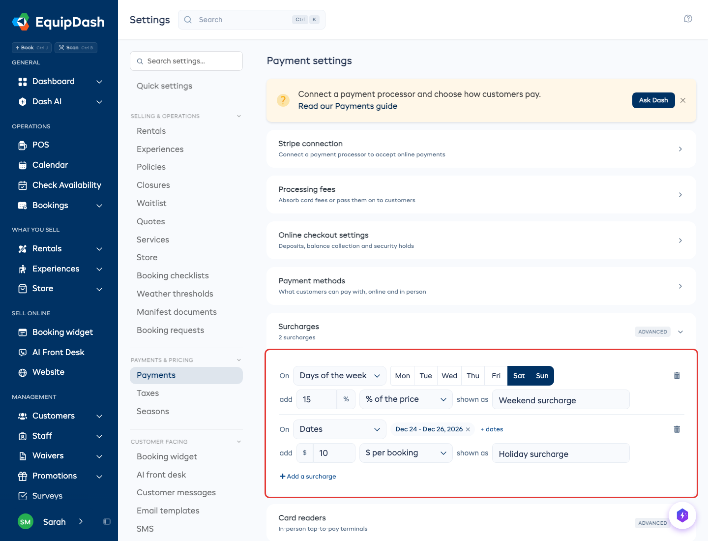 The Surcharges section on the Payments settings page with a weekend surcharge of 15%