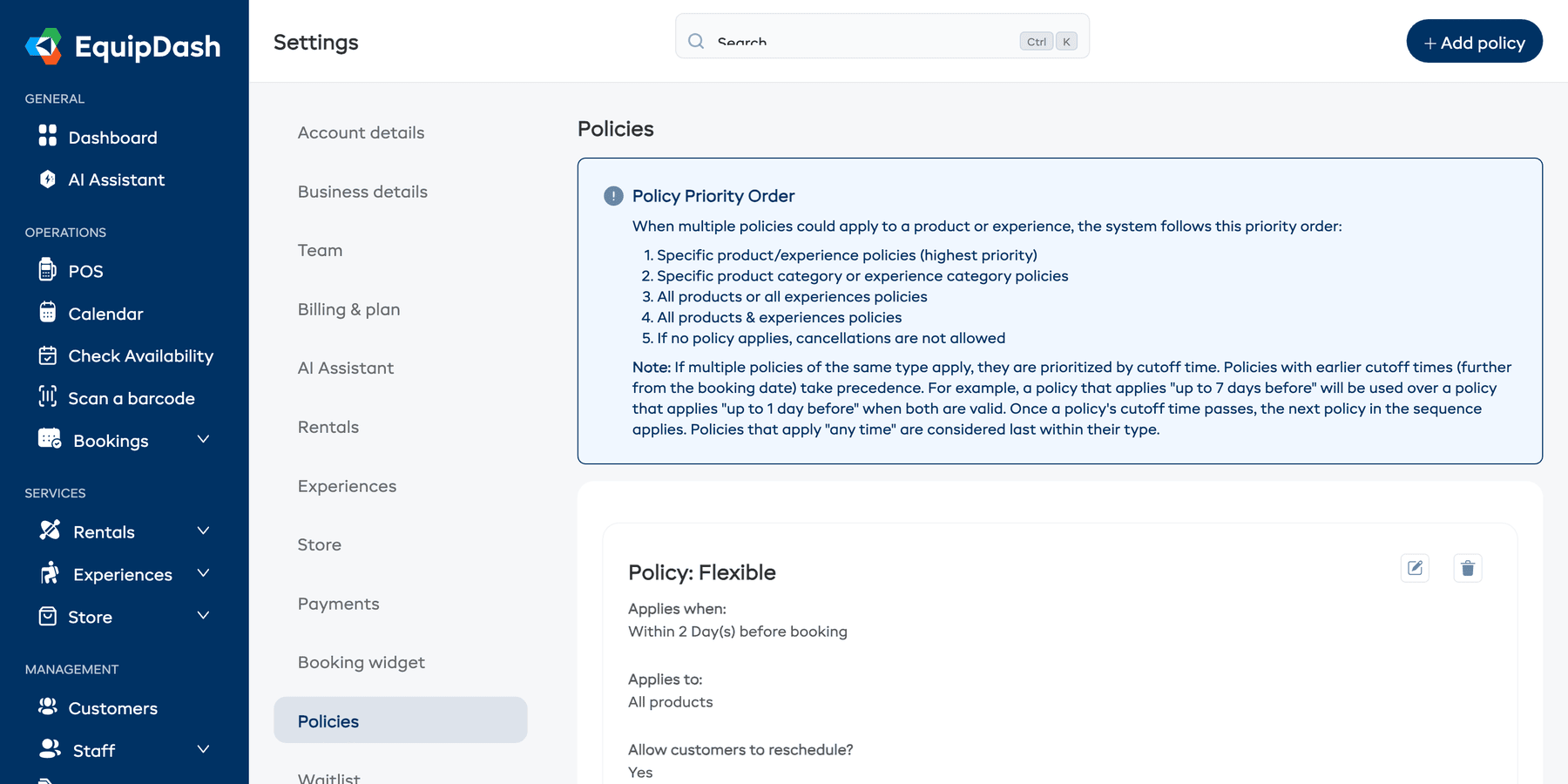The Policies settings page showing the priority order info box and policy cards