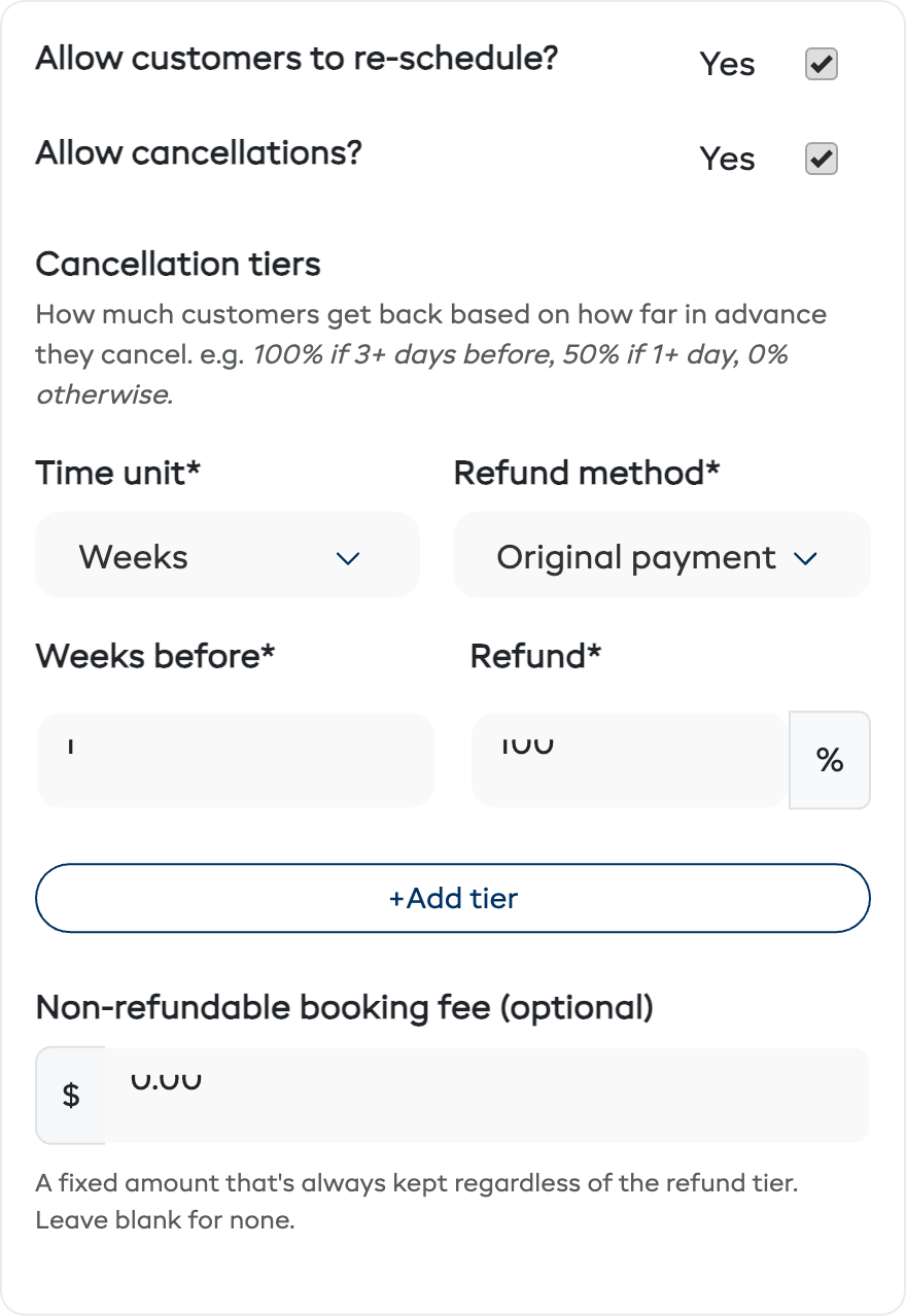 The Add Policy form with the multi-tier refund builder