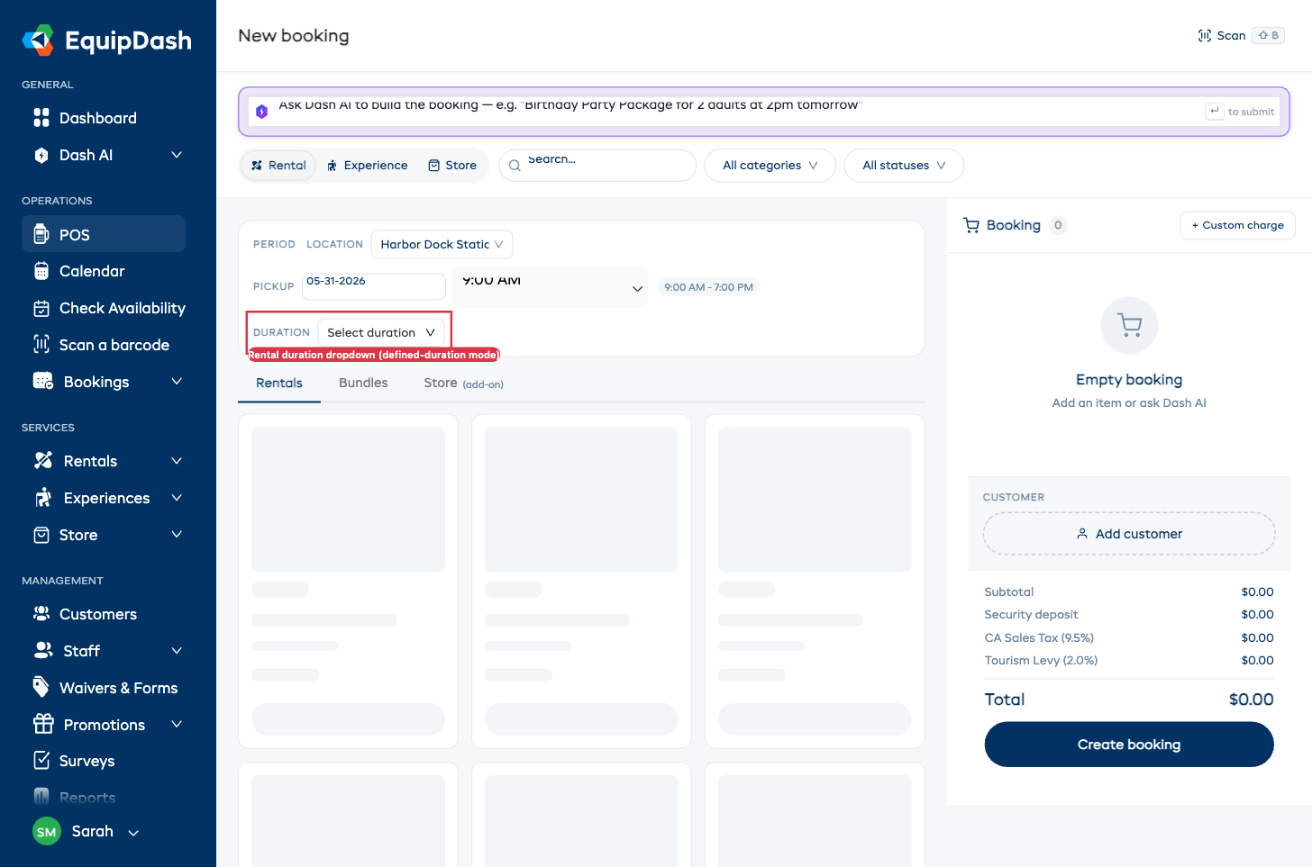 The POS new booking page with the period strip showing pickup date and time plus a Duration dropdown highlighted