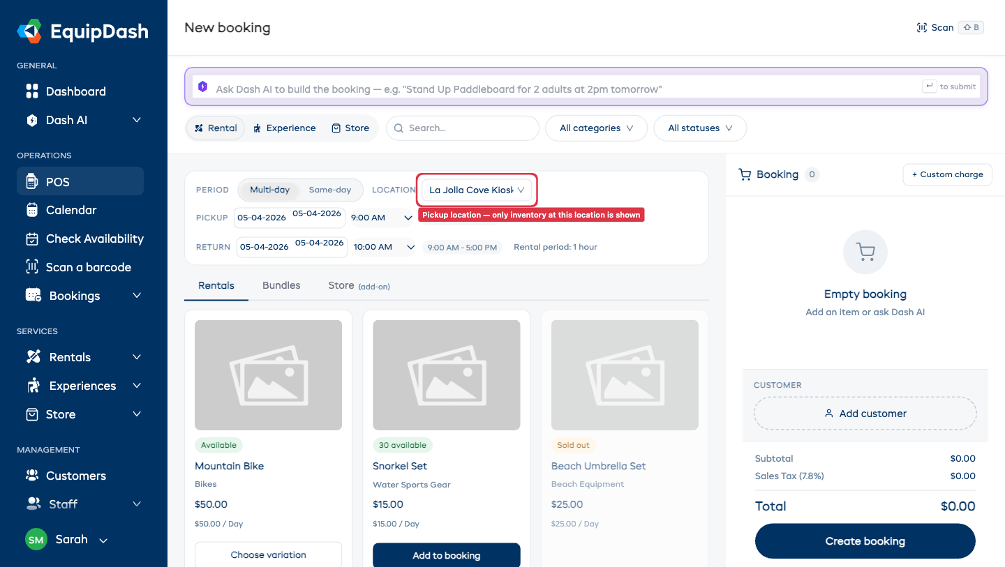 POS booking form on a Rental booking, showing the Location selector in the Period row alongside the Pickup and Return date pickers.