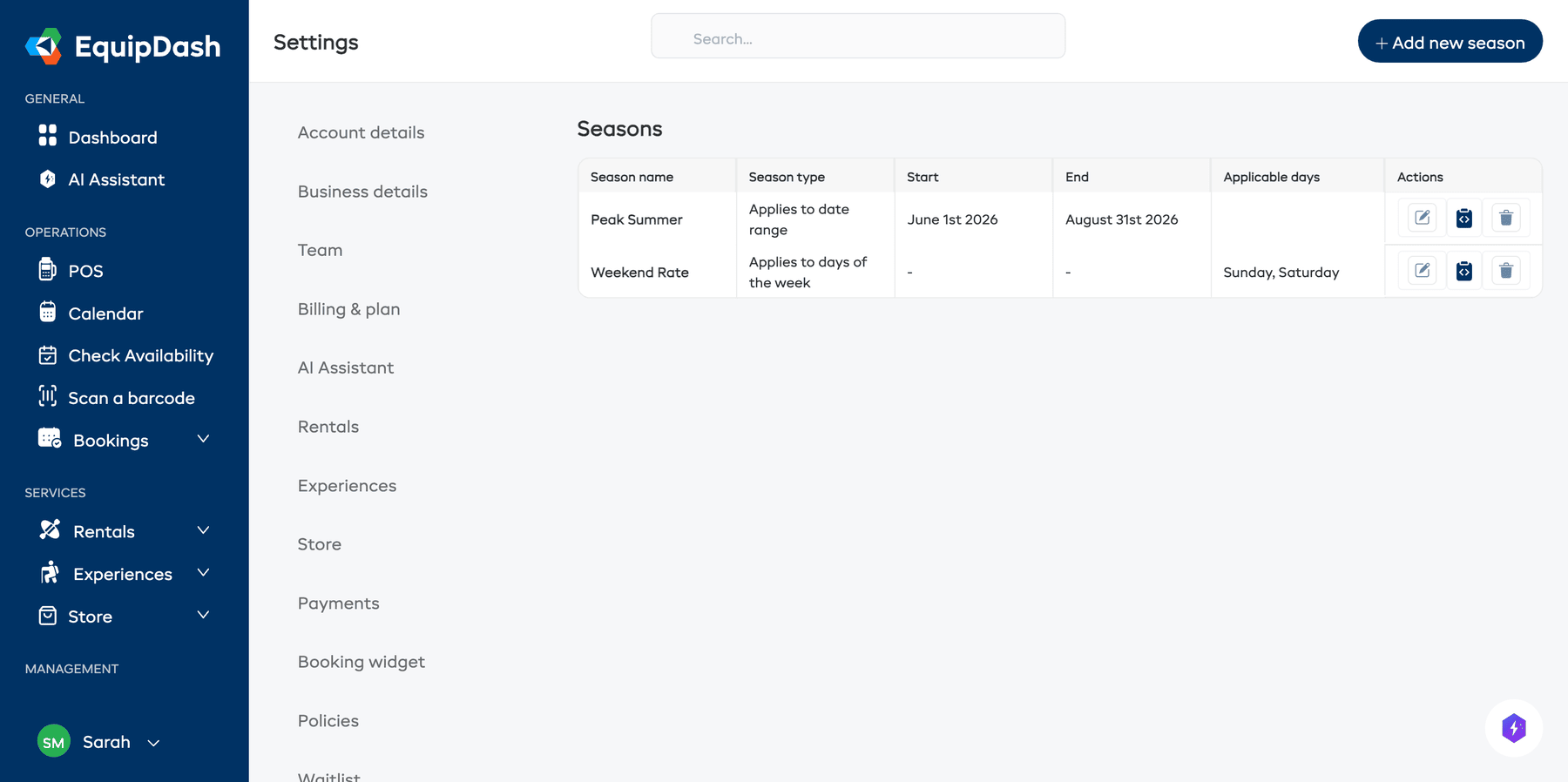 The Settings page showing configured seasons with names, start dates, and end dates
