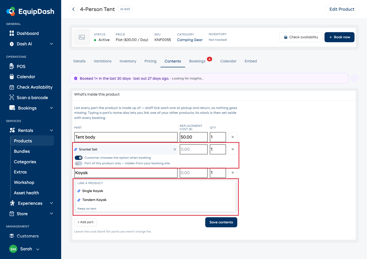 The Contents tab with a product linked as a part — the linked-part tag with its unlink button and per-part switch, plus the "Link a product" suggestions list that appears as you type another part's name.
