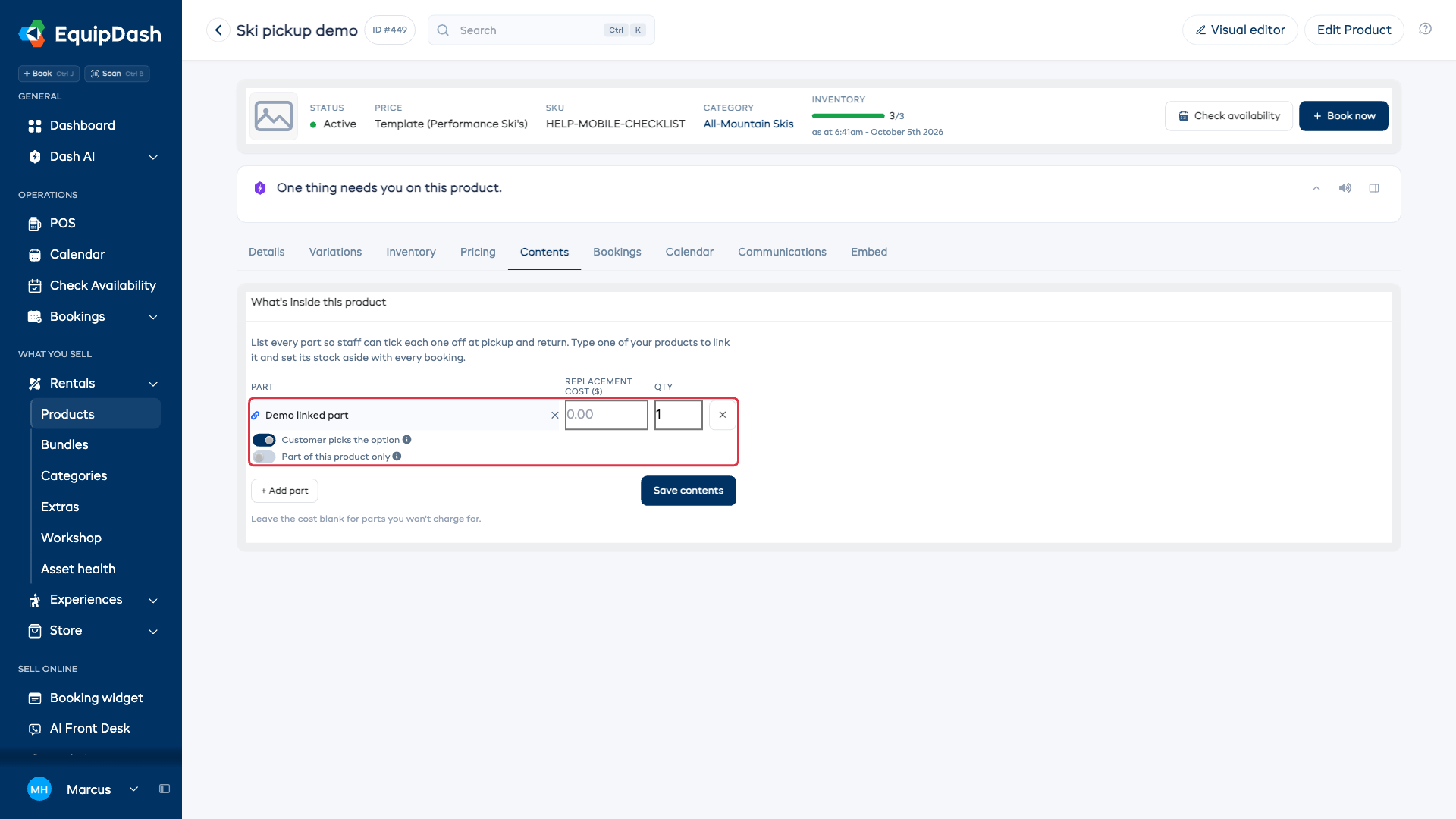 The Contents tab with a product linked as a part: the linked-part name with its Remove button and the 'Part of this product only' switch, left off so the part still rents on its own, and the Customer picks the option switch, enabled for this part's sizes.