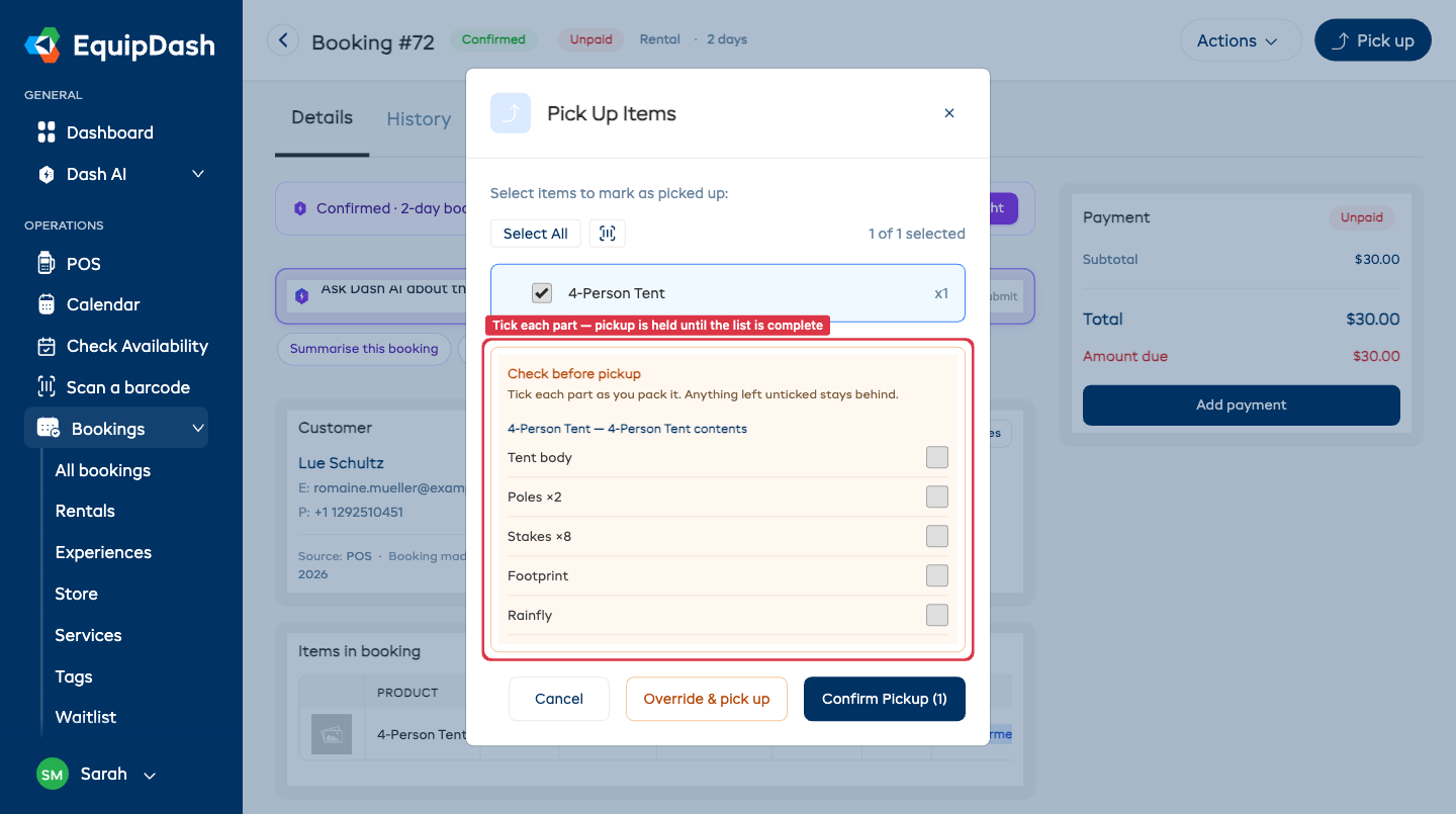 The Pick Up Items panel with the "Check before pickup" section listing each part of the tent as a checkbox.