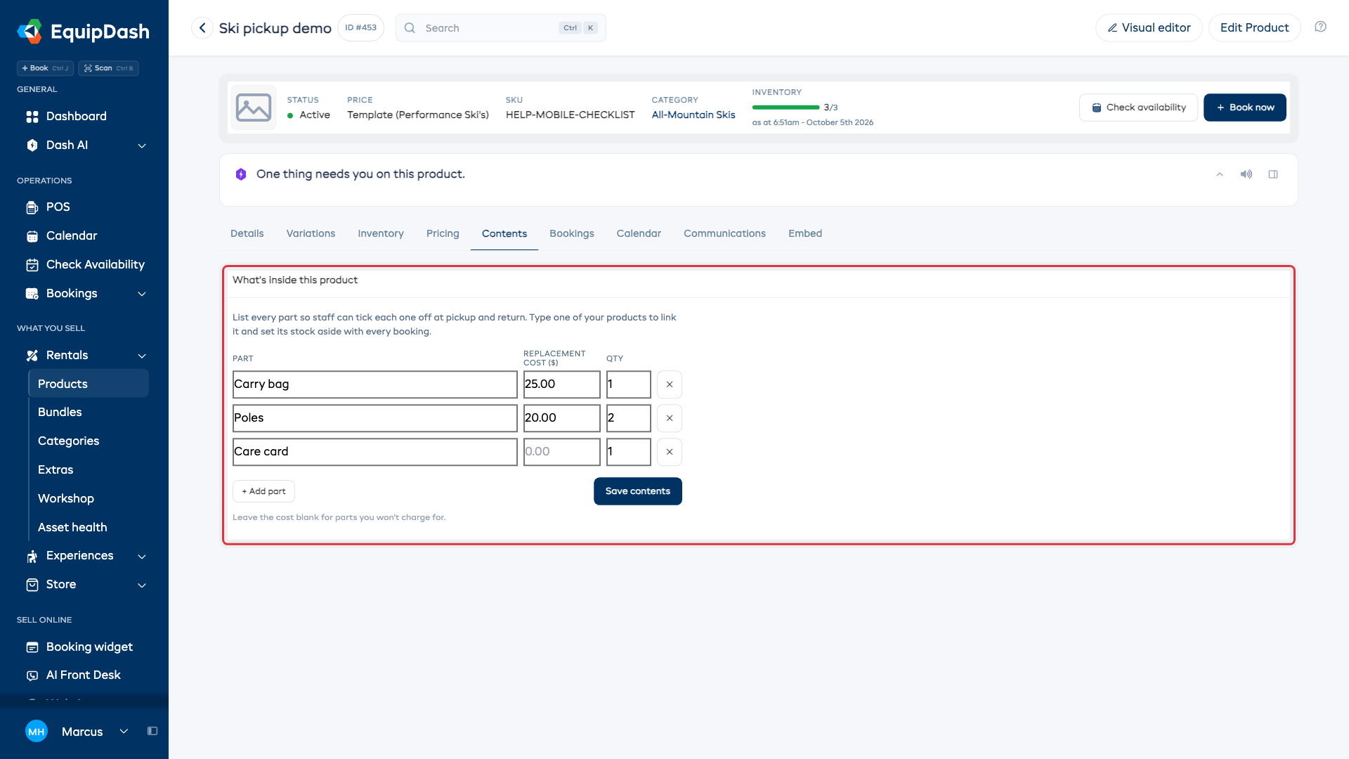 The Contents tab of a product, listing each part of the kit with a Replacement cost and quantity for each, plus an Add part and Save contents button.