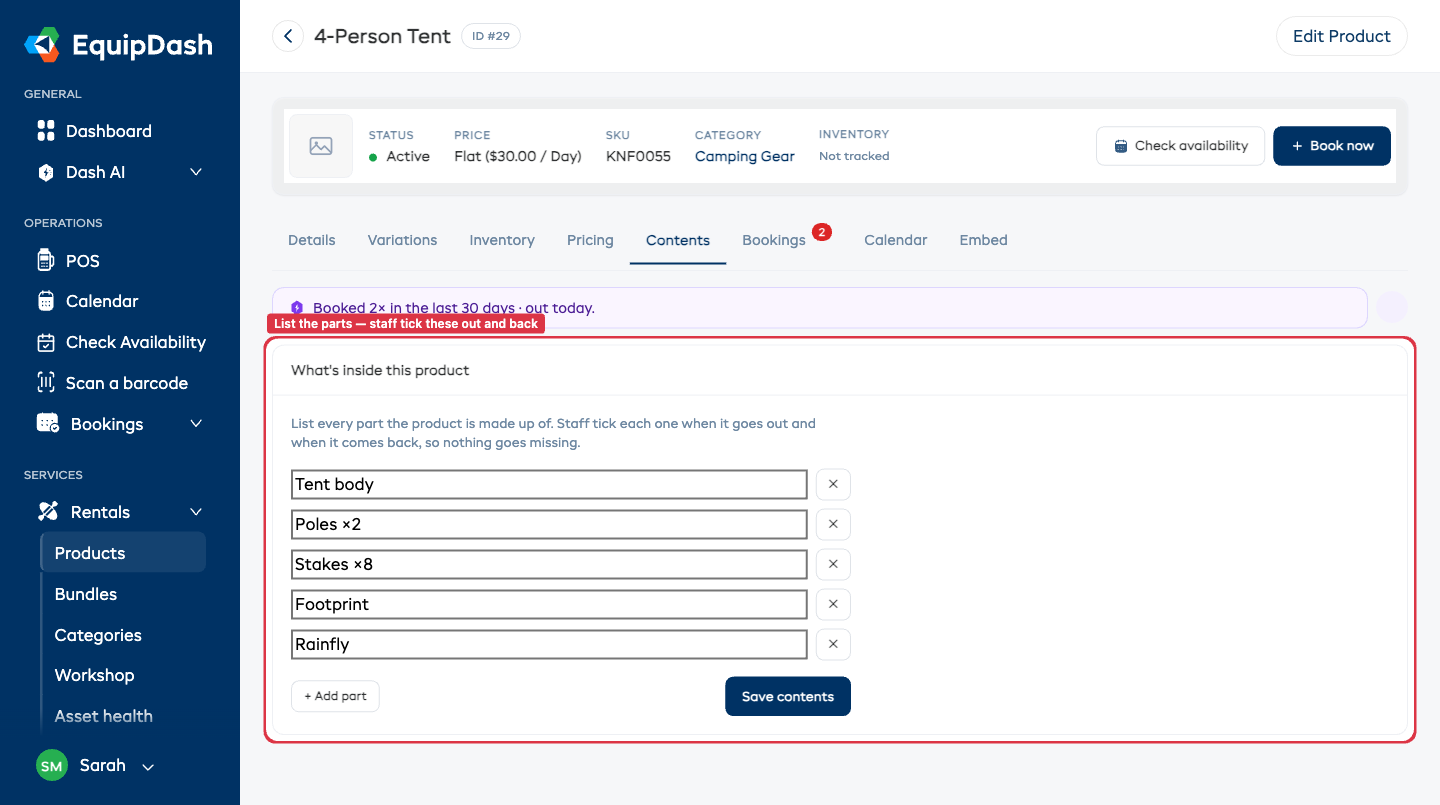 The Contents tab of a product, listing each part of the kit with a Replacement cost and quantity for each, plus an Add part and Save contents button.