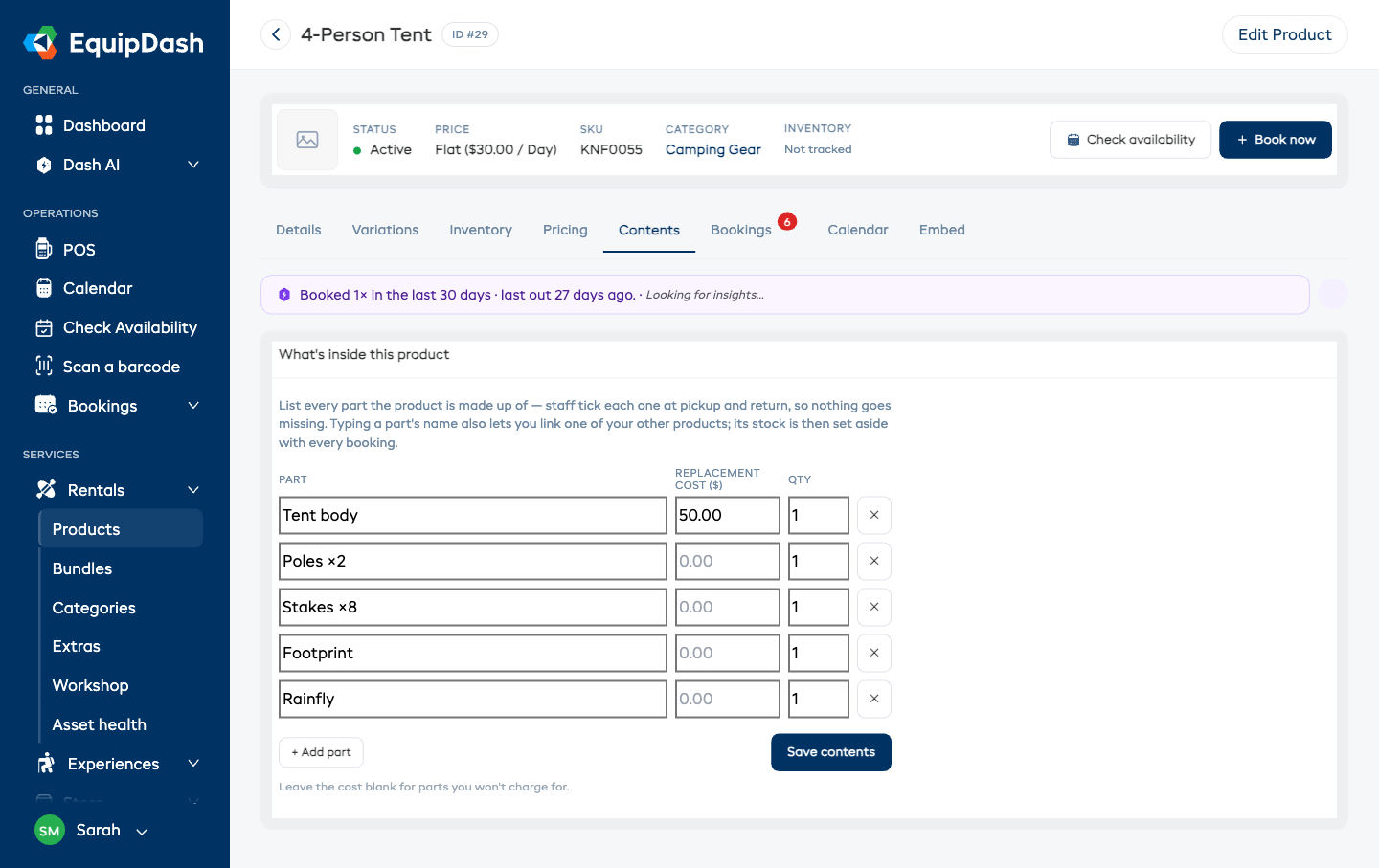 The Contents tab of a product, listing each part of the kit with a Replacement cost and quantity for each, plus an Add part and Save contents button.