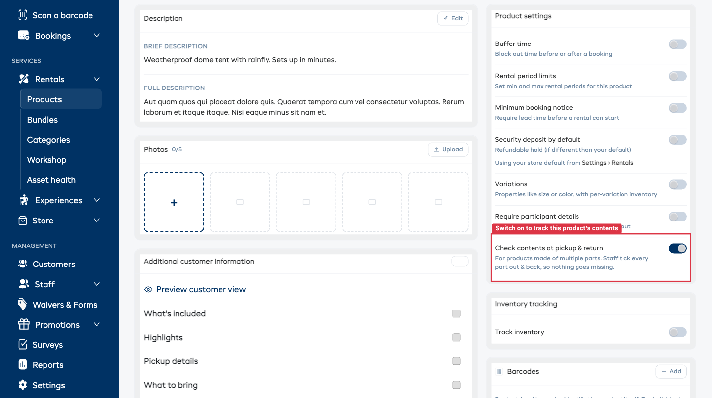 The Details tab of a product, with the "Check contents at pickup & return" toggle switched on in the Product settings card.