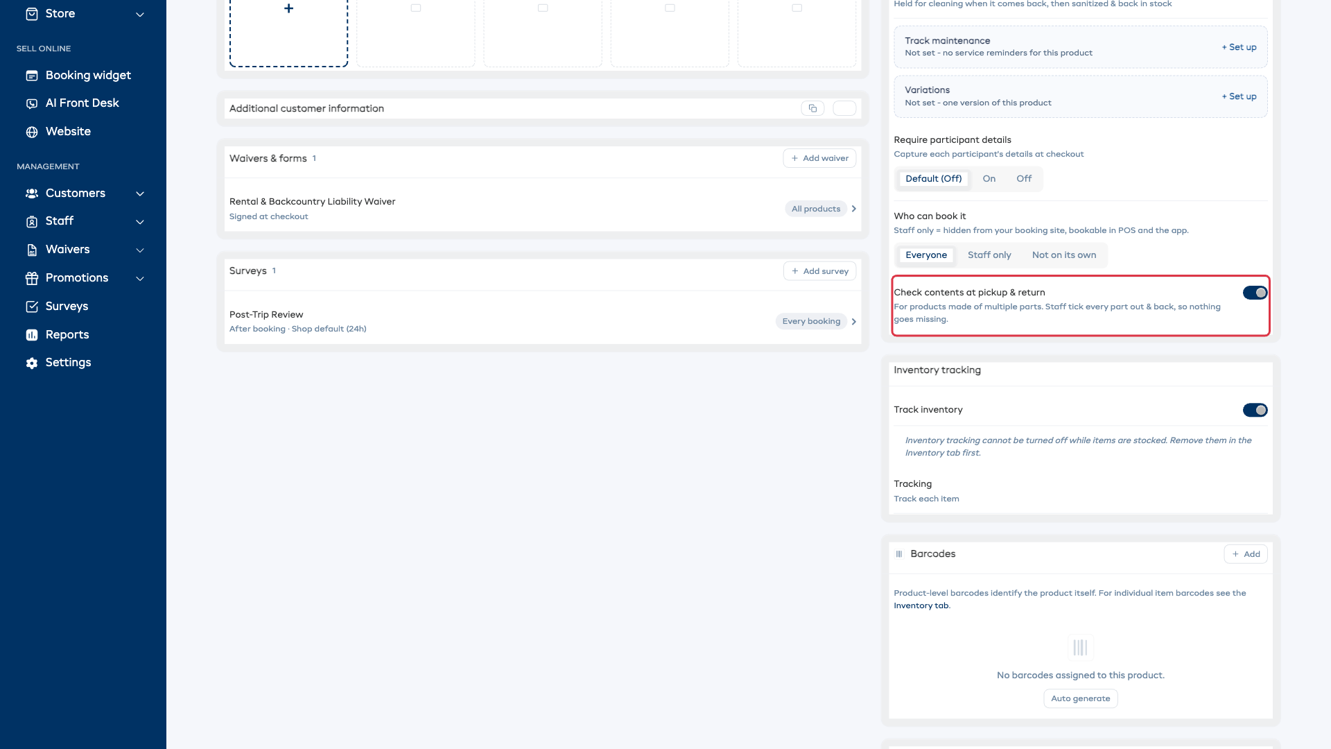 The Details tab of a product, with the "Check contents at pickup &amp; return" toggle switched on in the Product settings card.