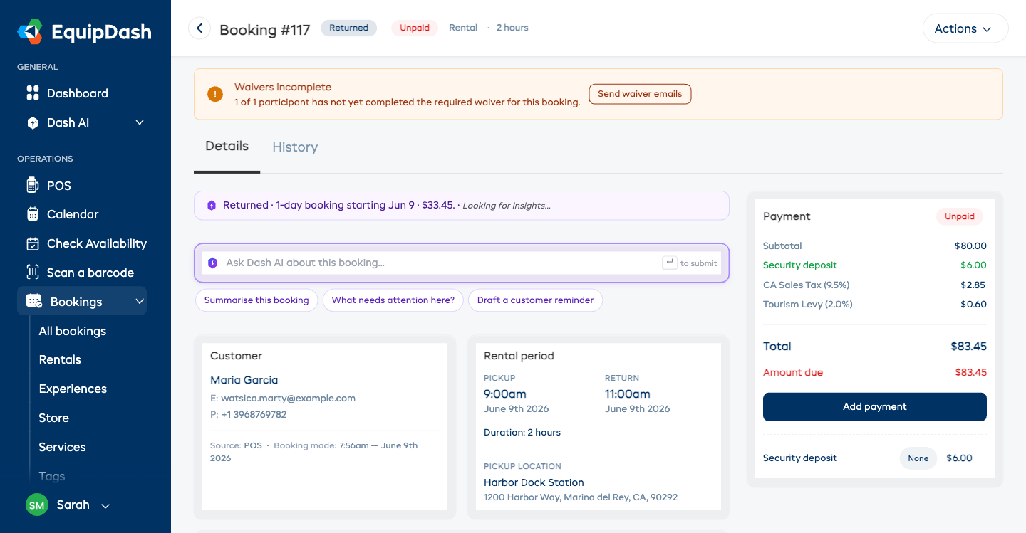 A booking's payment panel showing a "Missing parts" line in Custom Charges and the Total and Amount due raised by that amount, next to the Add payment button.