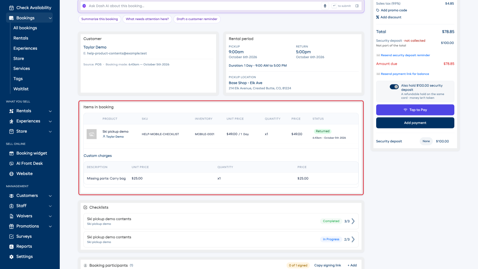 The returned booking with a $25 Missing parts: Carry bag line under Custom charges and a $78.85 total and amount due in the payment panel.