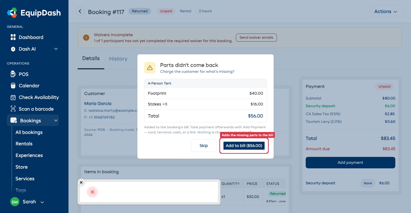 The "Parts didn't come back" prompt listing the missing parts and an itemised total, with an Add to bill button.