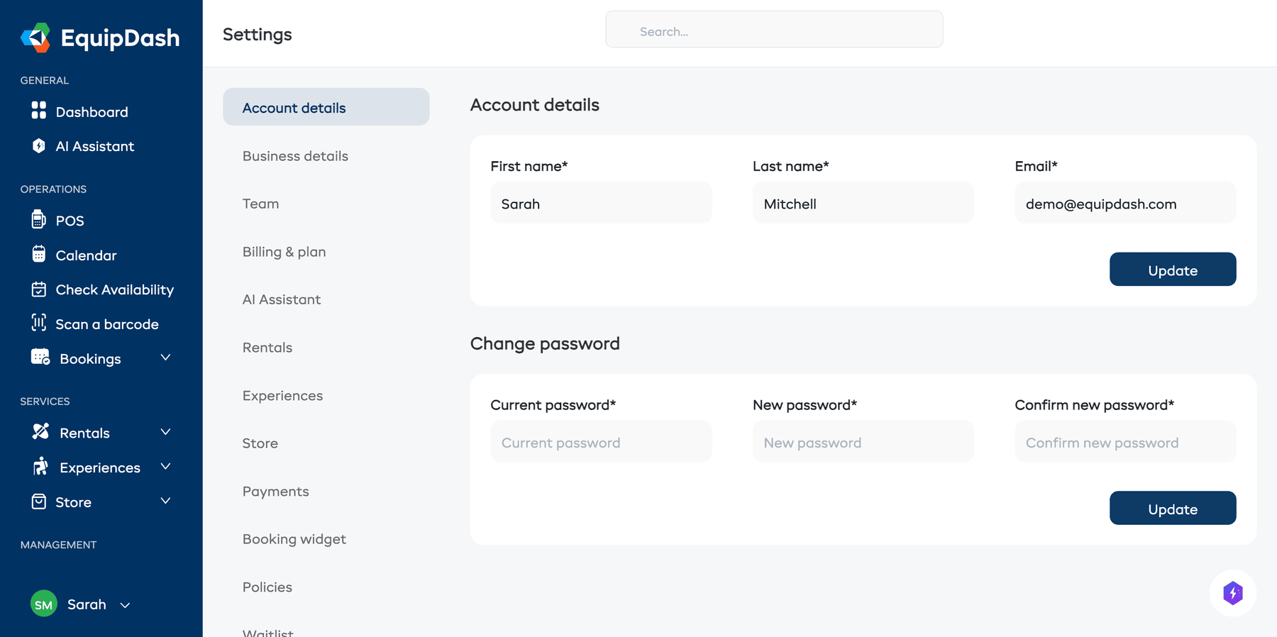 The Account Details form with the First Name, Last Name, and Email fields visible