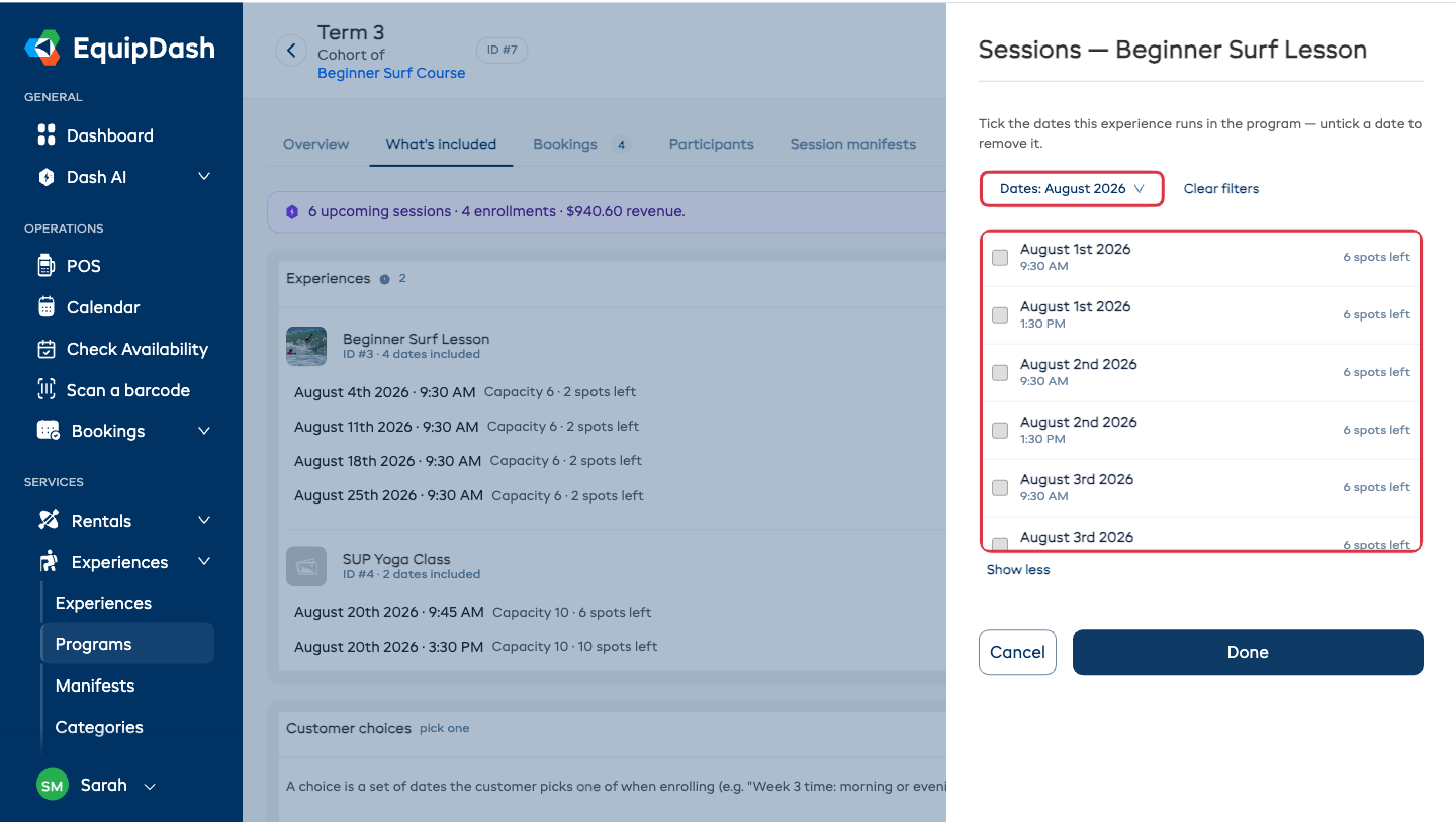 The Add sessions panel with the month filter and the per-date availability highlighted