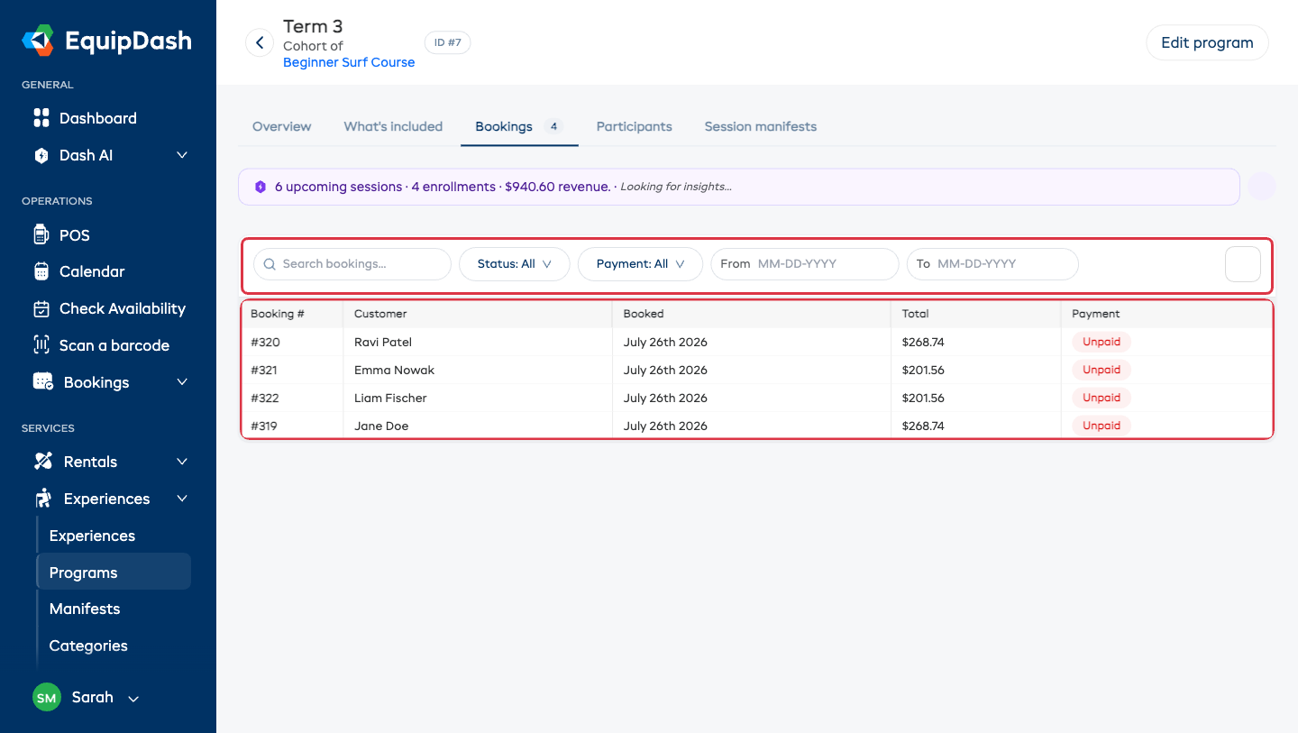 The Bookings tab listing four enrollments with the filter strip highlighted