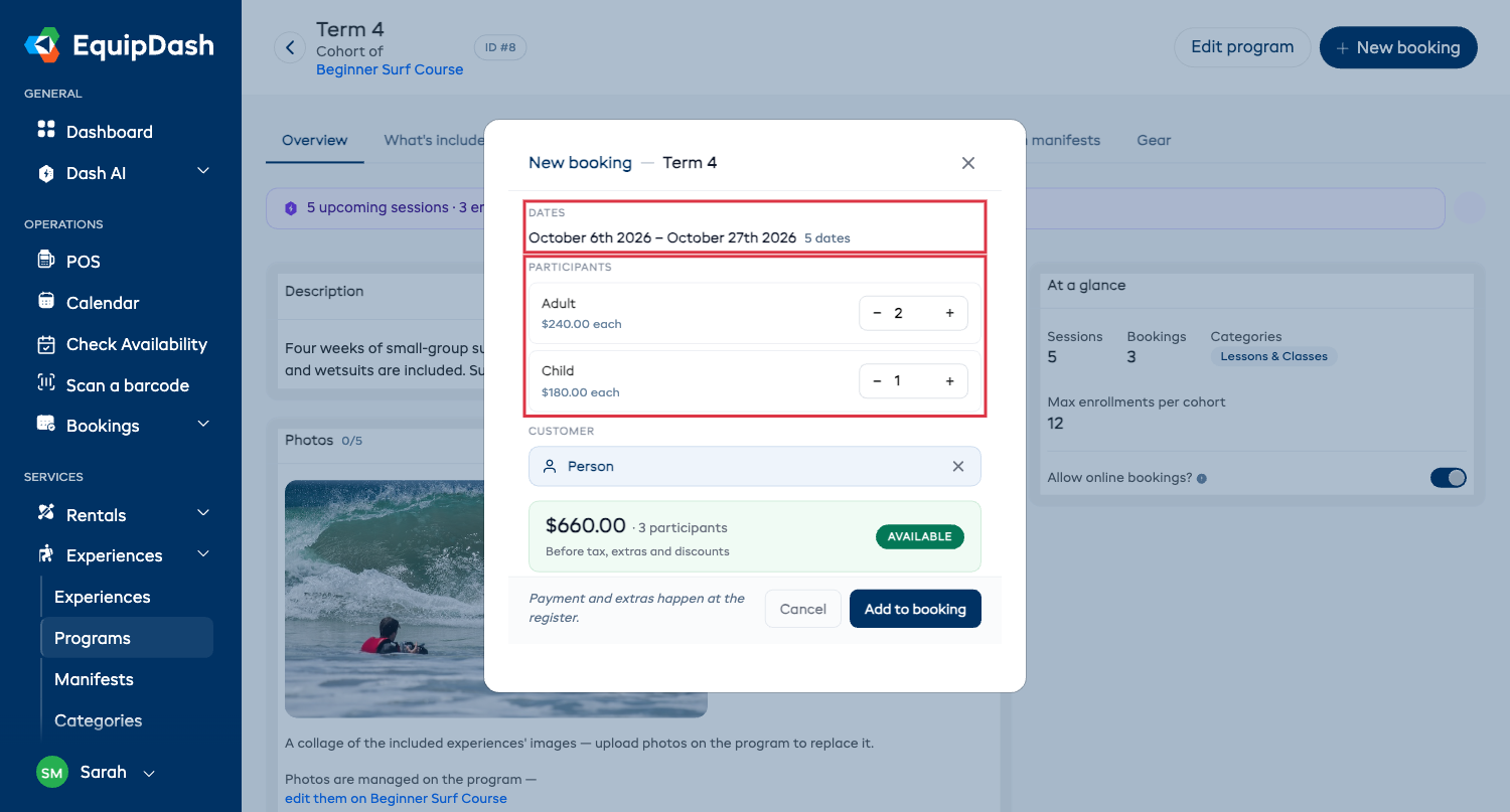 The New booking panel on a cohort, showing the run's dates, the participant steppers and the customer search