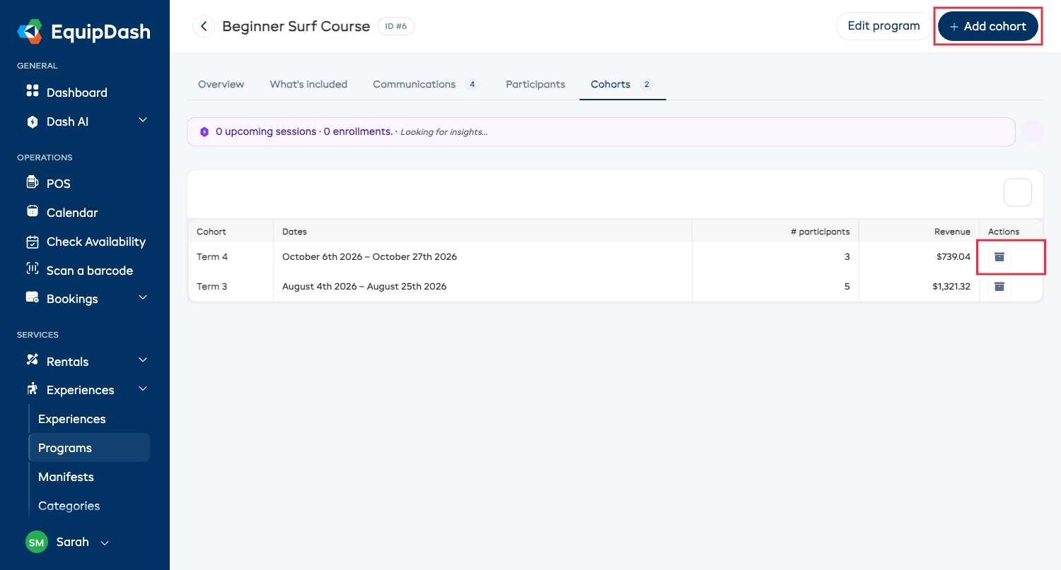 A program's Cohorts tab listing two cohorts with dates, participants and revenue, with the Add cohort button highlighted