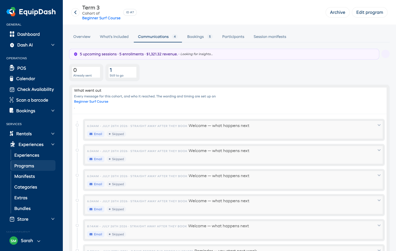 A cohort's Communications tab listing every message with its date and status, above counts of what has been sent and what is still to go