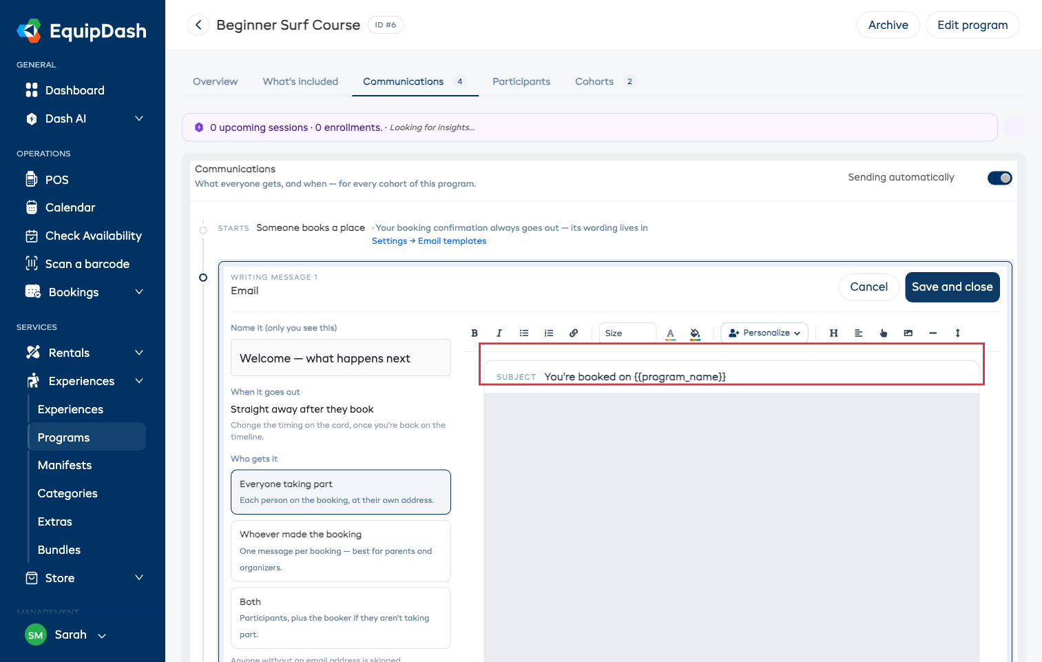 Writing a message: the name, when it goes out, who gets it, and the subject line highlighted above the email canvas