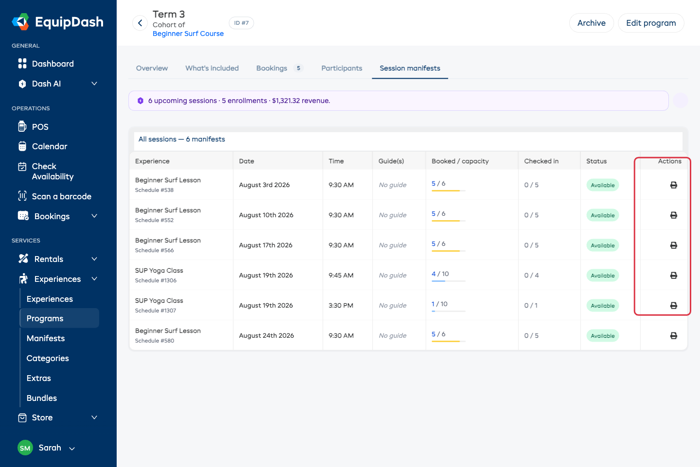 The Session manifests tab with one row per session showing guides, capacity and check-ins