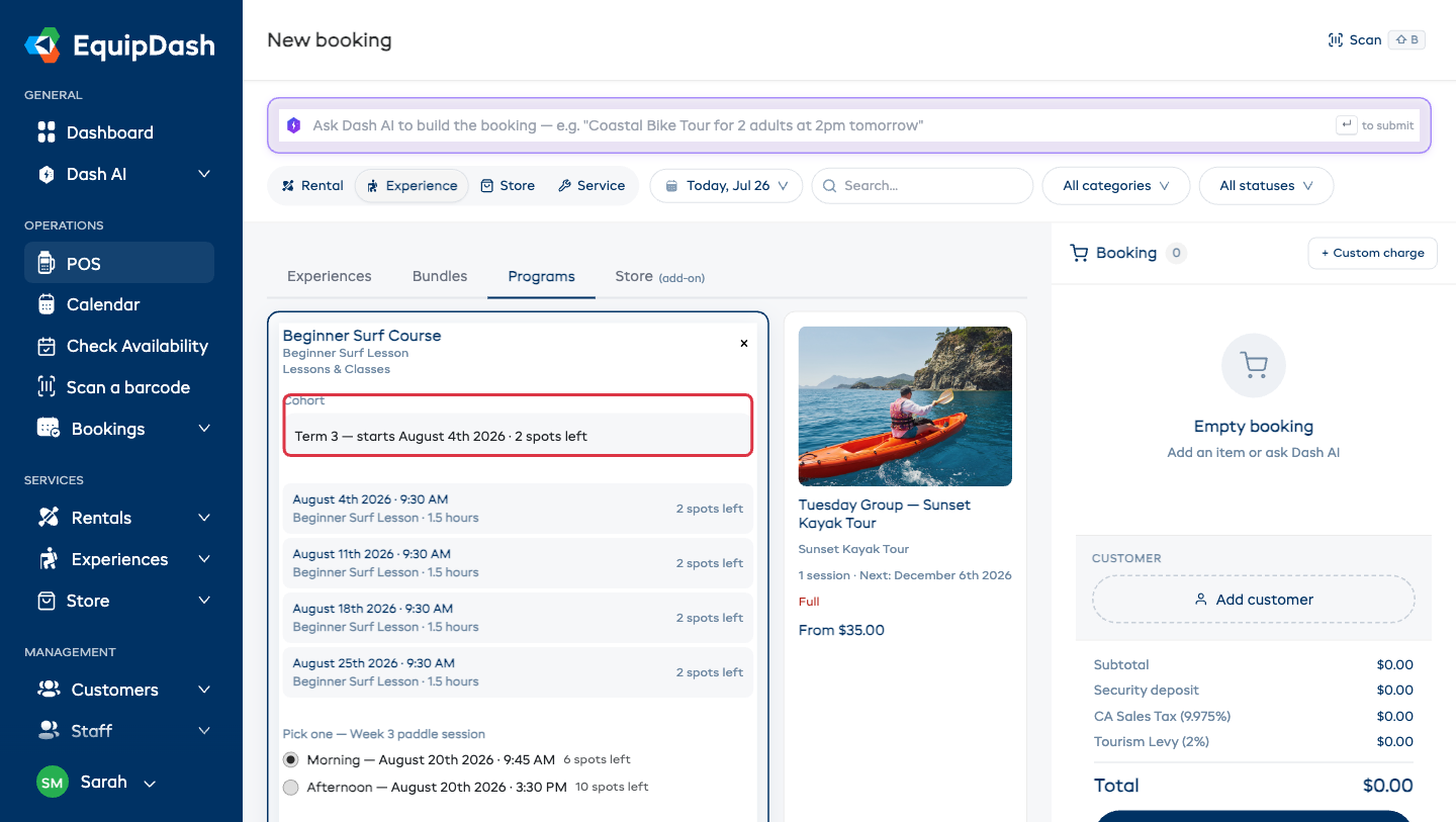 The POS Programs tab with a program expanded, showing the cohort picker, sessions and a pick-one choice