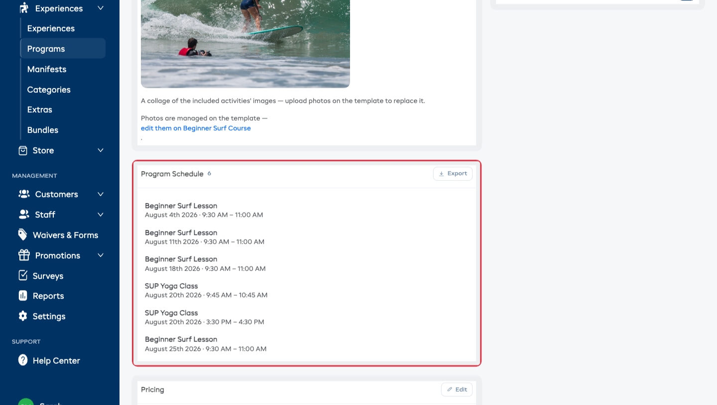 The Program Schedule card listing every session in date order, with the Export button