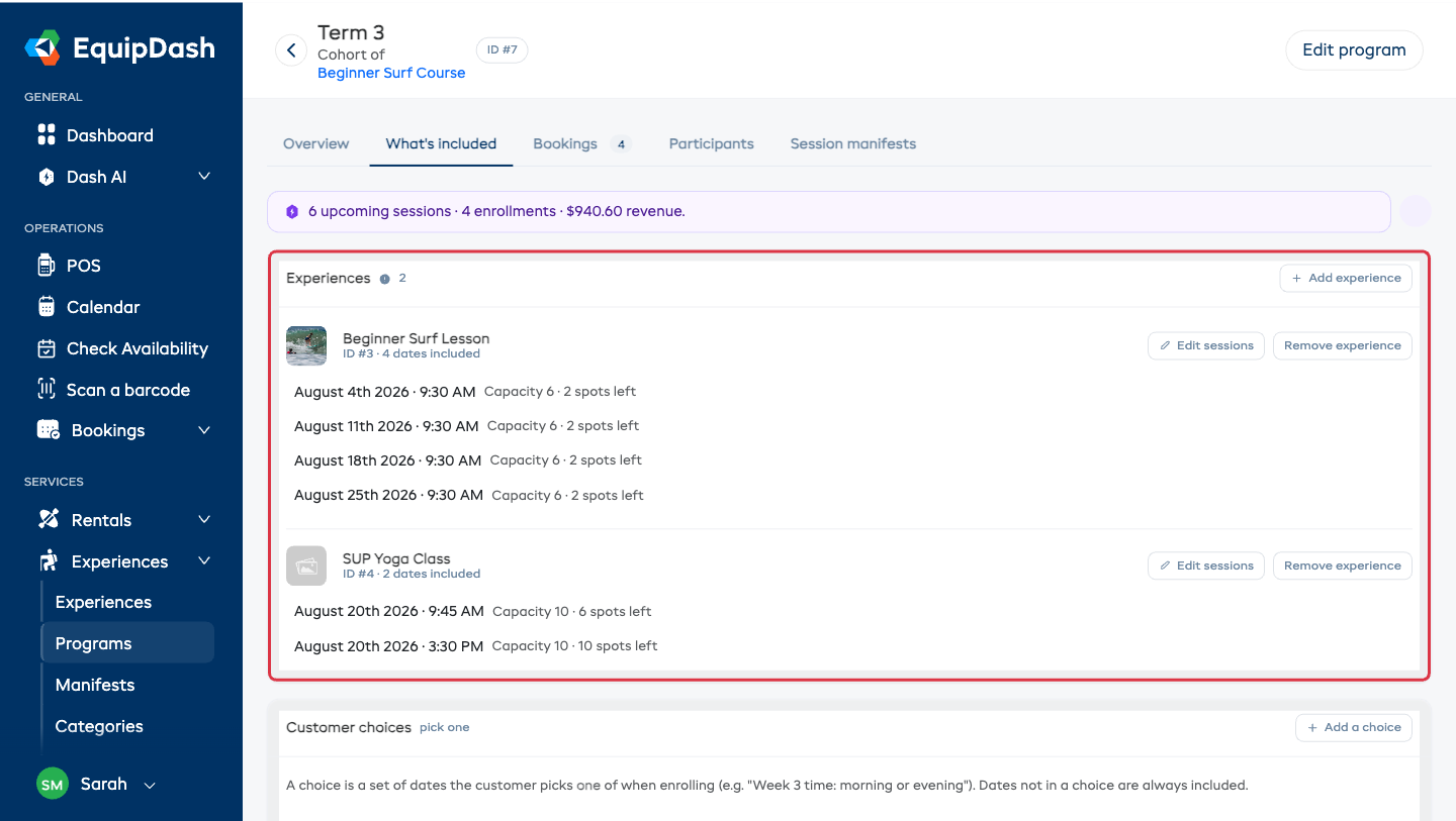 The What's included tab showing two activities and the dates included from each