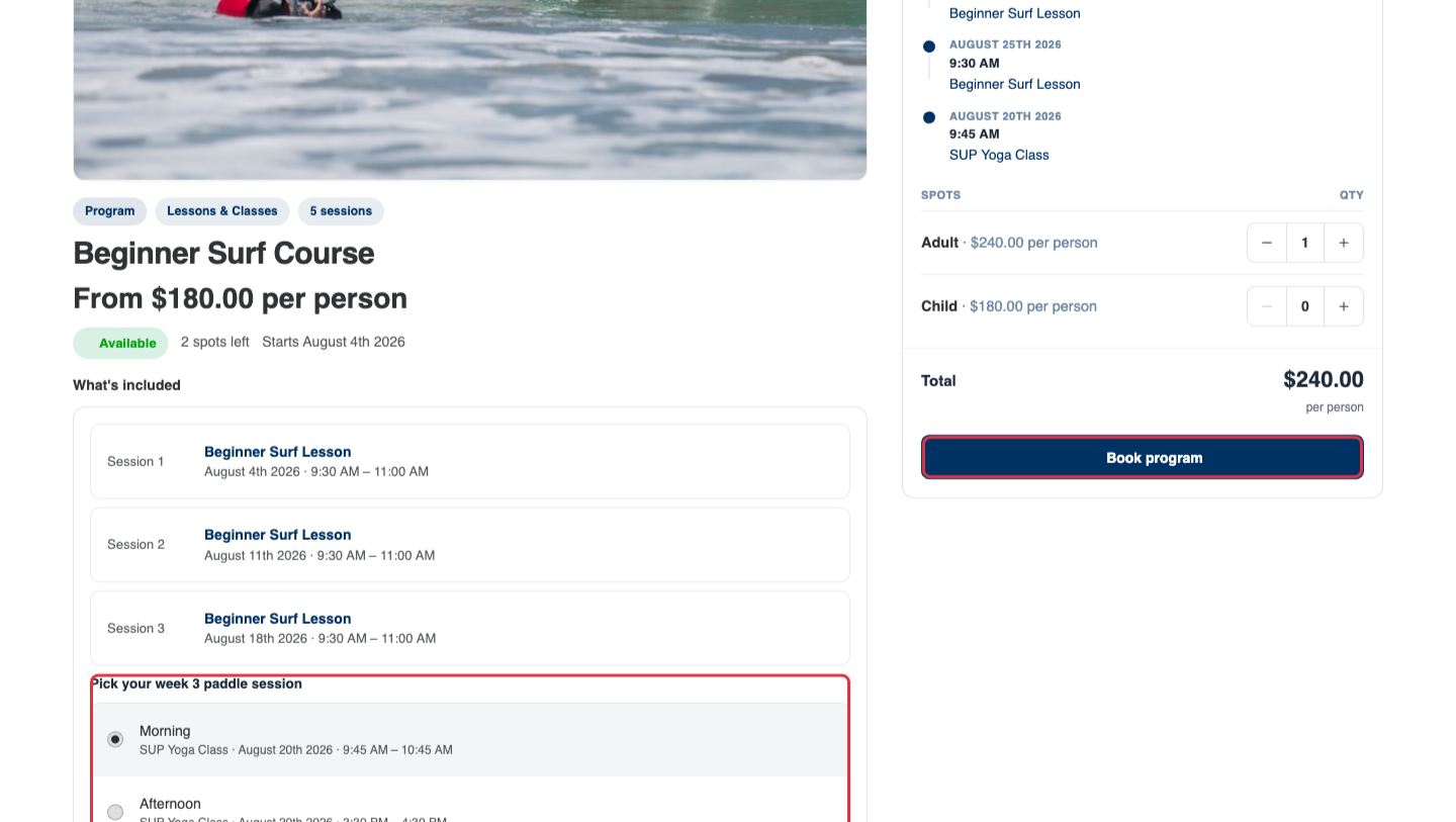 The booking rail with rate steppers and the Book program button, and a pick-one choice group
