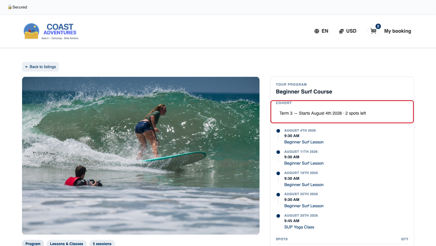 The program page on the booking site with the cohort picker and the session itinerary